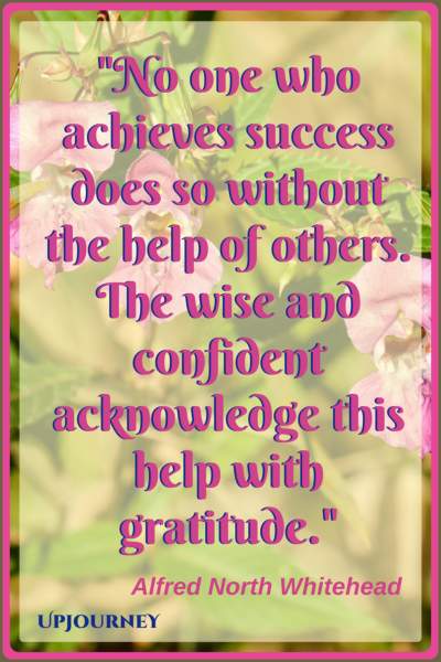 No one who achieves success does so without the help of others. The wise and confident acknowledge this help with gratitude. - Alfred North Whitehead #quotes #inspirational #gratitude 