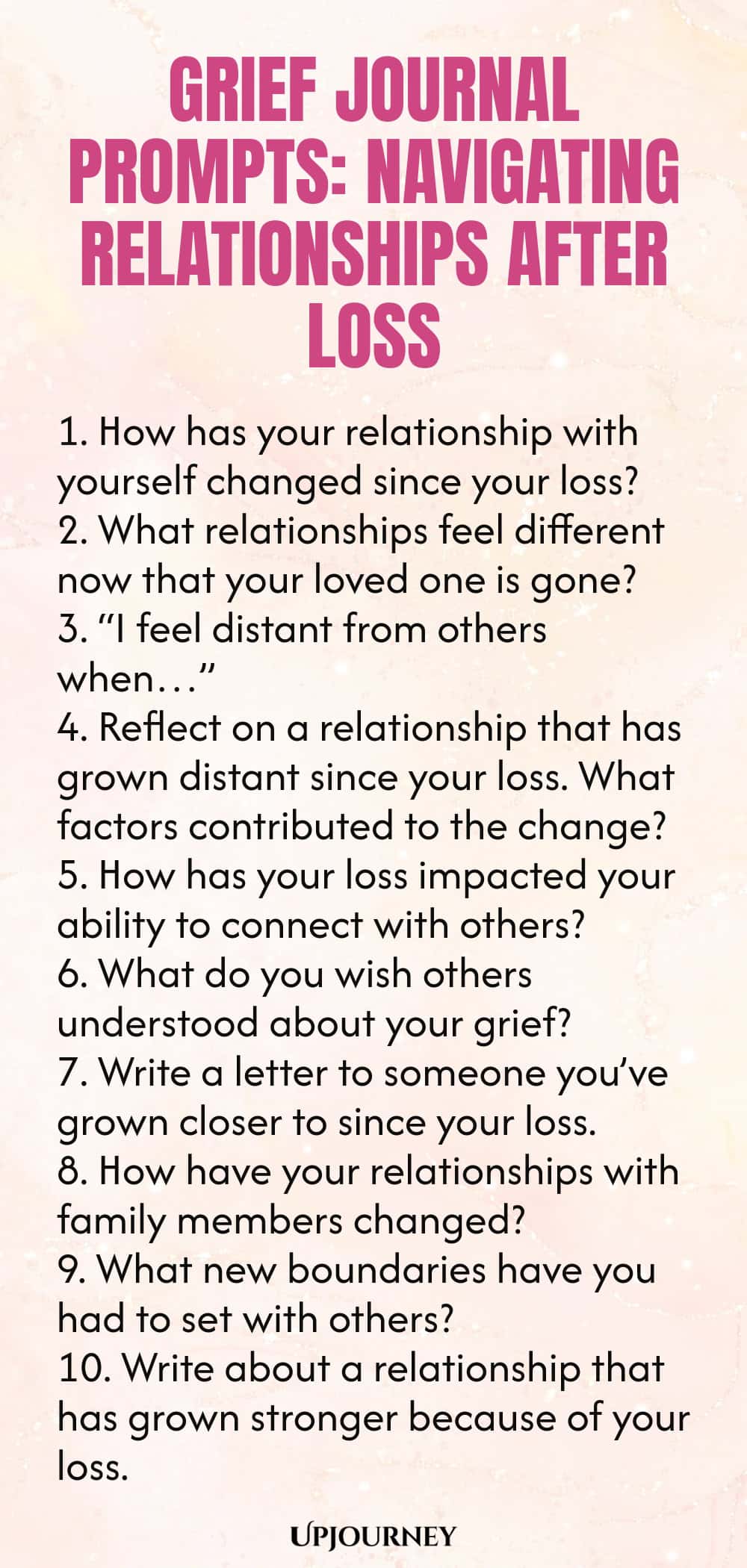 Grief Journal Prompts: Navigating Relationships After Loss 1. How has your relationship with yourself changed since your loss? 2. What relationships feel different now that your loved one is gone? 3. “I feel distant from others when…” 4. Reflect on a relationship that has grown distant since your loss. What factors contributed to the change? 5. How has your loss impacted your ability to connect with others? 6. What do you wish others understood about your grief? 7. Write a let...