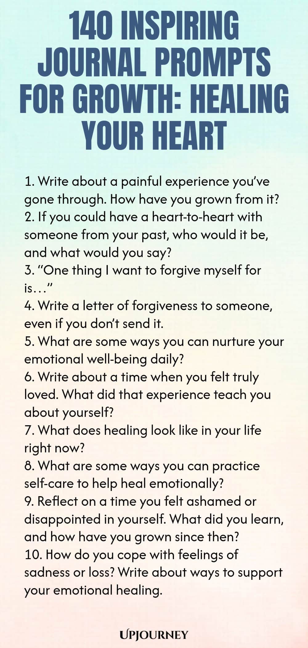 140 Inspiring Journal Prompts for Growth: Healing Your Heart 1. Write about a painful experience you’ve gone through. How have you grown from it? 2. If you could have a heart-to-heart with someone from your past, who would it be, and what would you say? 3. “One thing I want to forgive myself for is…” 4. Write a letter of forgiveness to someone, even if you don’t send it. 5. What are some ways you can nurture your emotional well-being daily? 6. Write about a time when you felt t...