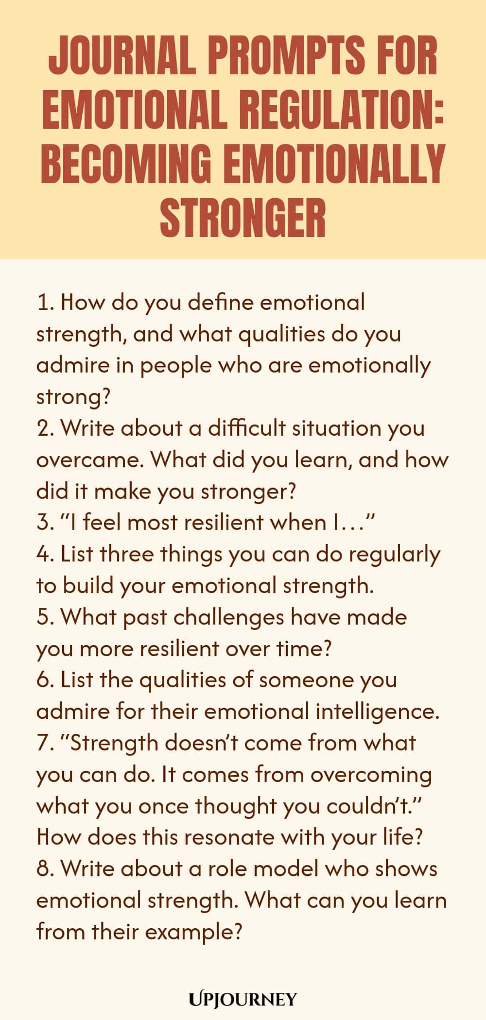 "Journal Prompts for Emotional Regulation: Becoming Emotionally Stronger: 1. How do you define emotional strength, and what qualities do you admire in people who are emotionally strong?  2. Write about a difficult situation you overcame. What did you learn, and how did it make you stronger?  3. “I feel most resilient when I…”  4. List three things you can do regularly to build your emotional strength.  5. What past challenges have made you more resilient over time?  6. List th"