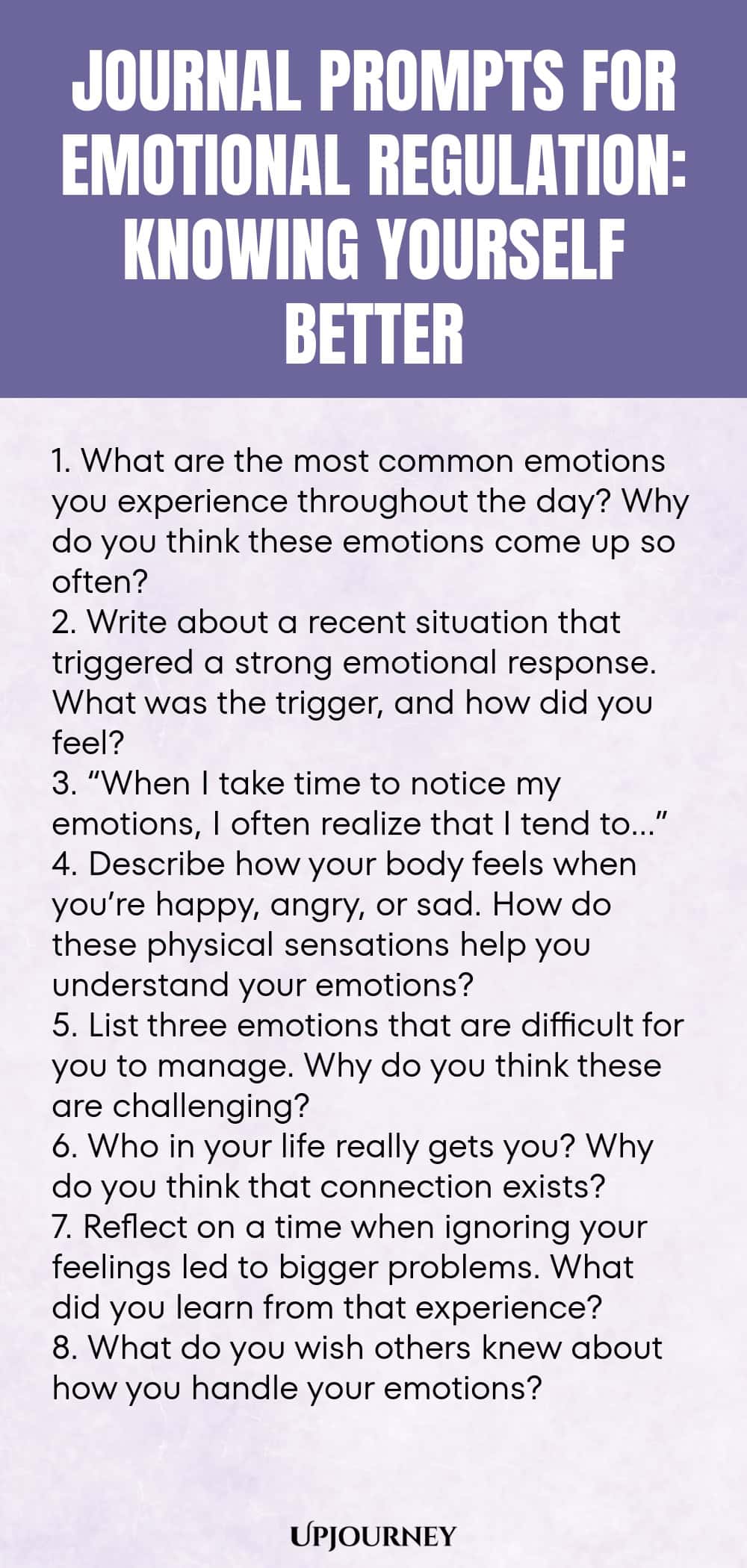 "Journal Prompts for Emotional Regulation: Knowing Yourself Better: 1. What are the most common emotions you experience throughout the day? Why do you think these emotions come up so often?  2. Write about a recent situation that triggered a strong emotional response. What was the trigger, and how did you feel?  3. “When I take time to notice my emotions, I often realize that I tend to…”  4. Describe how your body feels when you’re happy, angry, or sad. How do these physical sensatio"