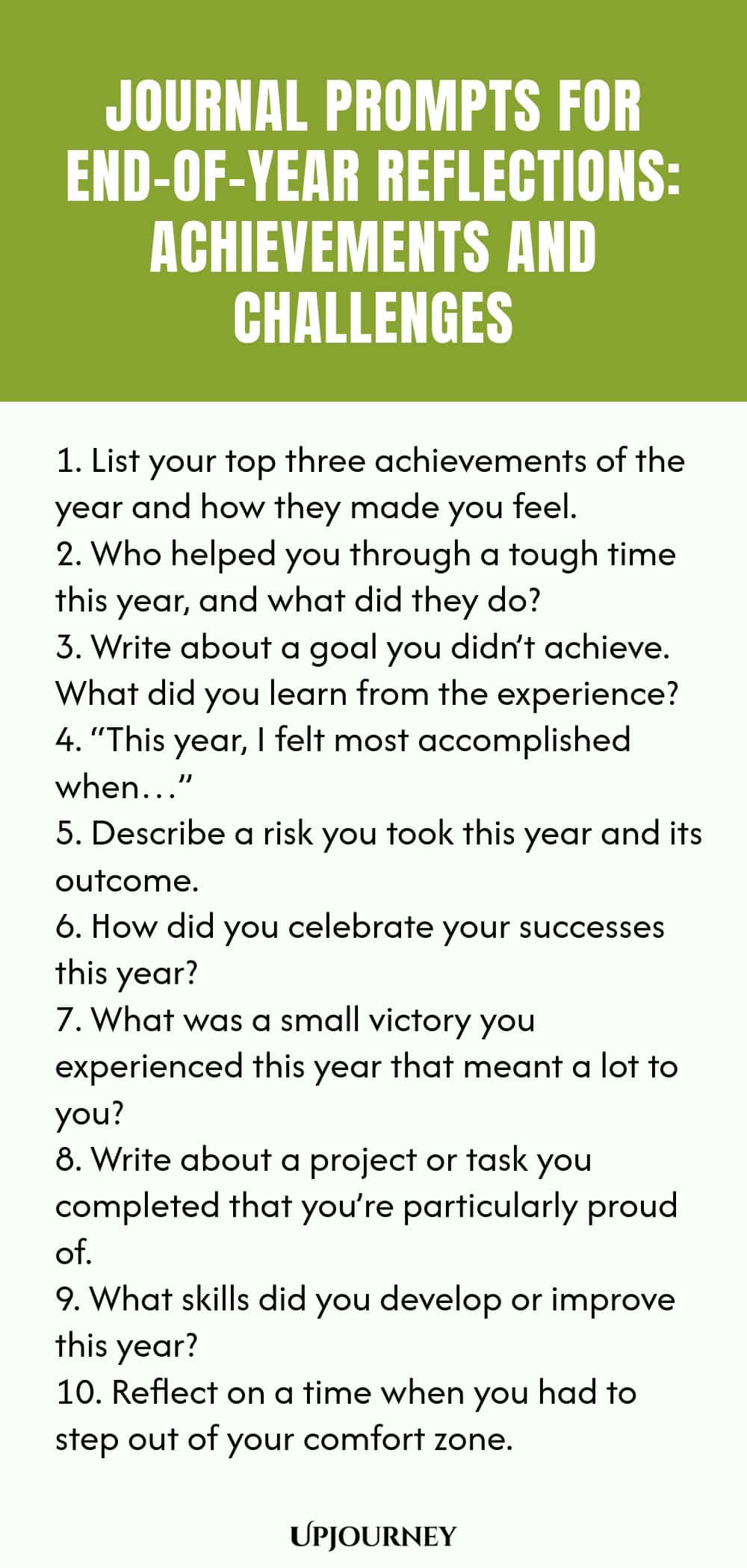 "Journal Prompts for End-of-Year Reflections: Achievements and Challenges: 1. List your top three achievements of the year and how they made you feel.  2. Who helped you through a tough time this year, and what did they do?  3. Write about a goal you didn’t achieve. What did you learn from the experience?  4. “This year, I felt most accomplished when…”  5. Describe a risk you took this year and its outcome.  6. How did you celebrate your successes this year?  7. What was a s"