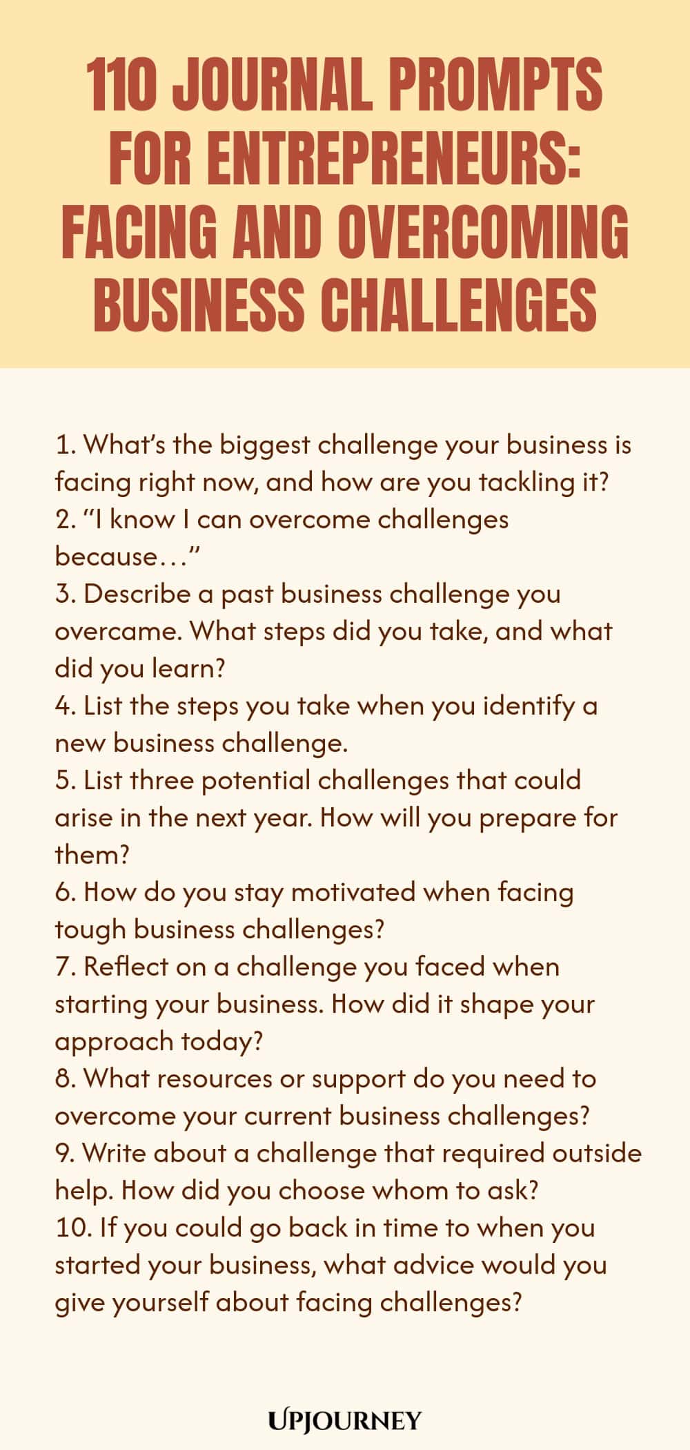 110 Journal Prompts for Entrepreneurs: Facing and Overcoming Business Challenges 1. What’s the biggest challenge your business is facing right now, and how are you tackling it? 2. “I know I can overcome challenges because…” 3. Describe a past business challenge you overcame. What steps did you take, and what did you learn? 4. List the steps you take when you identify a new business challenge. 5. List three potential challenges that could arise in the next year. How will you prep...