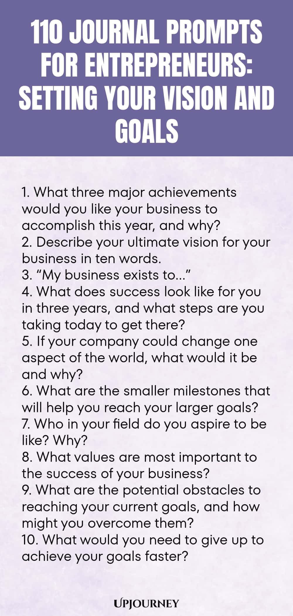 110 Journal Prompts for Entrepreneurs: Setting Your Vision and Goals 1. What three major achievements would you like your business to accomplish this year, and why? 2. Describe your ultimate vision for your business in ten words. 3. “My business exists to…” 4. What does success look like for you in three years, and what steps are you taking today to get there? 5. If your company could change one aspect of the world, what would it be and why? 6. What are the smaller milestones that w...