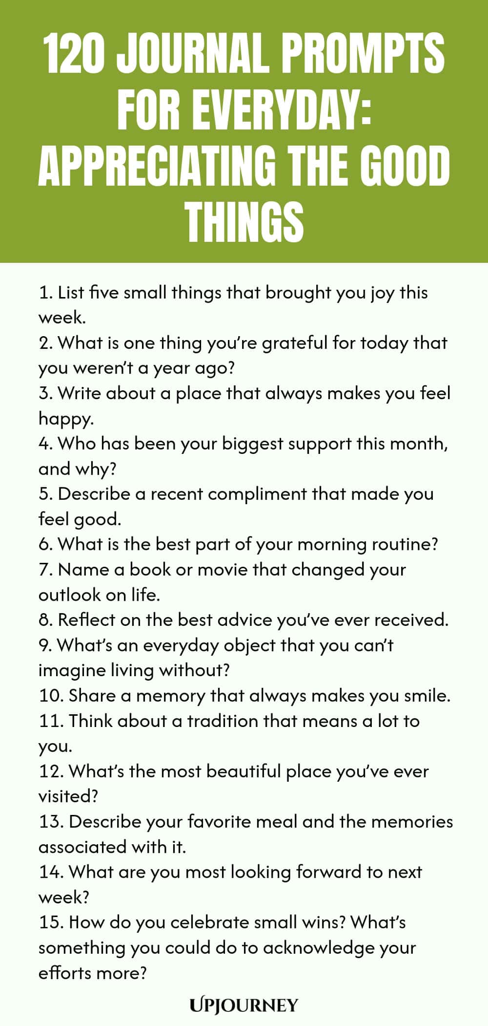 120 Journal Prompts for Everyday: Appreciating the Good Things 1. List five small things that brought you joy this week. 2. What is one thing you’re grateful for today that you weren’t a year ago? 3. Write about a place that always makes you feel happy. 4. Who has been your biggest support this month, and why? 5. Describe a recent compliment that made you feel good. 6. What is the best part of your morning routine? 7. Name a book or movie that changed your outlook on life. 8. Reflec...