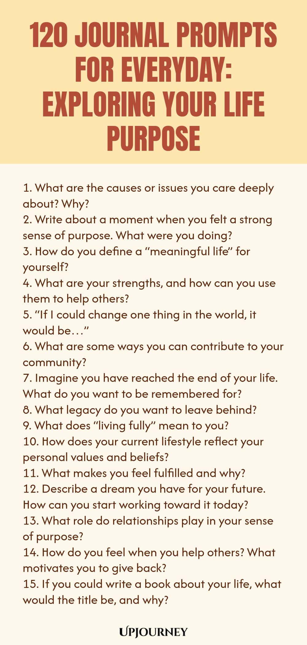 120 Journal Prompts for Everyday: Exploring Your Life Purpose 1. What are the causes or issues you care deeply about? Why? 2. Write about a moment when you felt a strong sense of purpose. What were you doing? 3. How do you define a “meaningful life” for yourself? 4. What are your strengths, and how can you use them to help others? 5. “If I could change one thing in the world, it would be…” 6. What are some ways you can contribute to your community? 7. Imagine you have reached ...