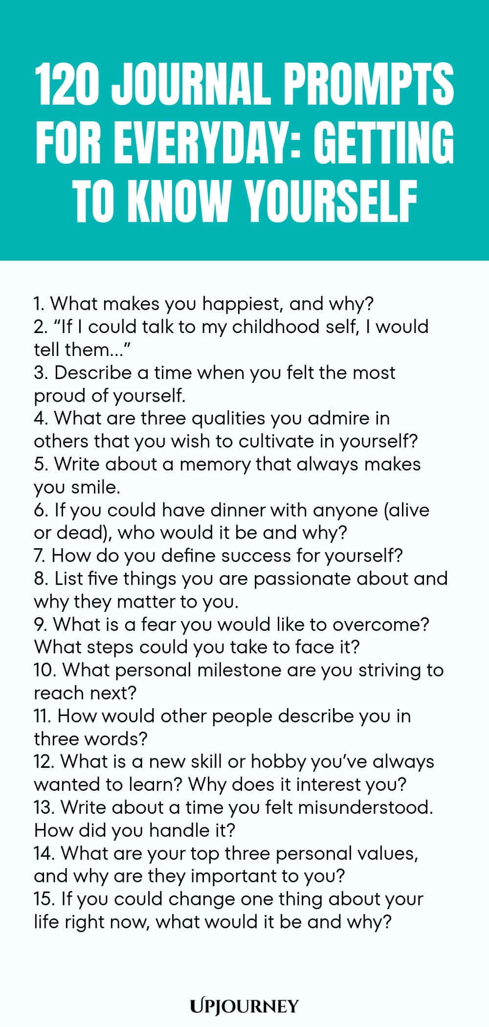 120 Journal Prompts for Everyday: Getting to Know Yourself 1. What makes you happiest, and why? 2. “If I could talk to my childhood self, I would tell them…” 3. Describe a time when you felt the most proud of yourself. 4. What are three qualities you admire in others that you wish to cultivate in yourself? 5. Write about a memory that always makes you smile. 6. If you could have dinner with anyone (alive or dead), who would it be and why? 7. How do you define success for yours...