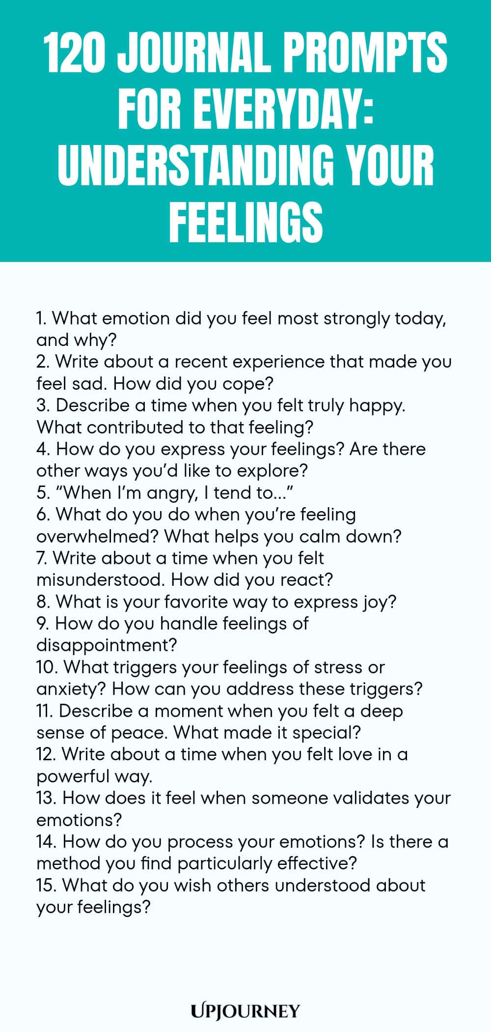 120 Journal Prompts for Everyday: Understanding Your Feelings 1. What emotion did you feel most strongly today, and why? 2. Write about a recent experience that made you feel sad. How did you cope? 3. Describe a time when you felt truly happy. What contributed to that feeling? 4. How do you express your feelings? Are there other ways you’d like to explore? 5. “When I’m angry, I tend to…” 6. What do you do when you’re feeling overwhelmed? What helps you calm down? 7. Write abou...