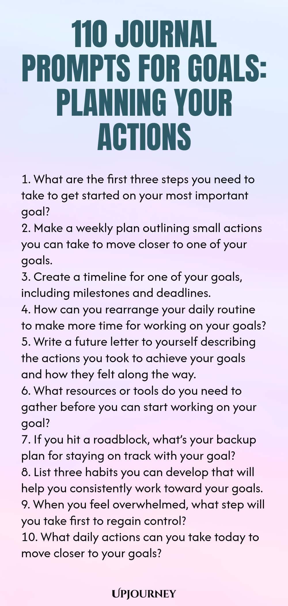 110 Journal Prompts for Goals: Planning Your Actions 1. What are the first three steps you need to take to get started on your most important goal? 2. Make a weekly plan outlining small actions you can take to move closer to one of your goals. 3. Create a timeline for one of your goals, including milestones and deadlines. 4. How can you rearrange your daily routine to make more time for working on your goals? 5. Write a future letter to yourself describing the actions you took t...