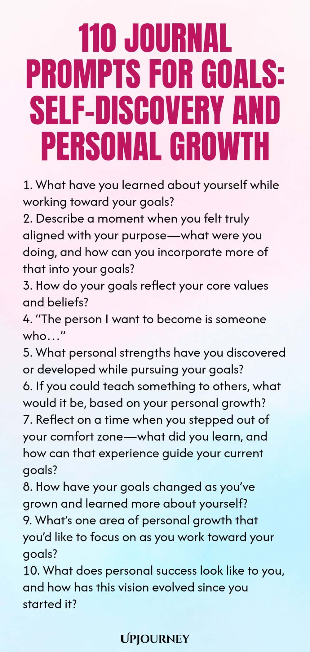 110 Journal Prompts for Goals: Self-Discovery and Personal Growth 1. What have you learned about yourself while working toward your goals? 2. Describe a moment when you felt truly aligned with your purpose—what were you doing, and how can you incorporate more of that into your goals? 3. How do your goals reflect your core values and beliefs? 4. “The person I want to become is someone who…” 5. What personal strengths have you discovered or developed while pursuing your goals? 6....