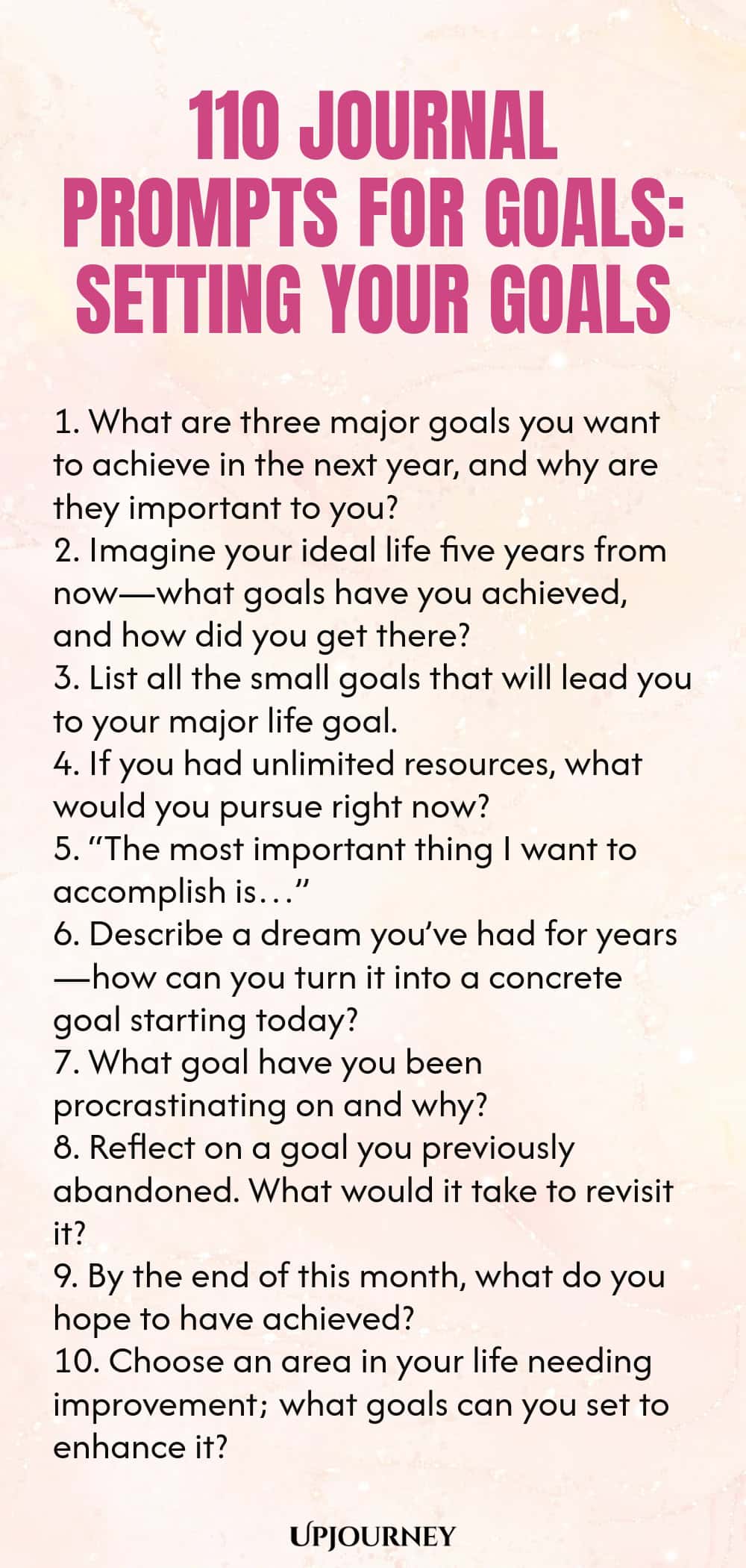 110 Journal Prompts for Goals: Setting Your Goals 1. What are three major goals you want to achieve in the next year, and why are they important to you? 2. Imagine your ideal life five years from now—what goals have you achieved, and how did you get there? 3. List all the small goals that will lead you to your major life goal. 4. If you had unlimited resources, what would you pursue right now? 5. “The most important thing I want to accomplish is…” 6. Describe a dream you’ve had...