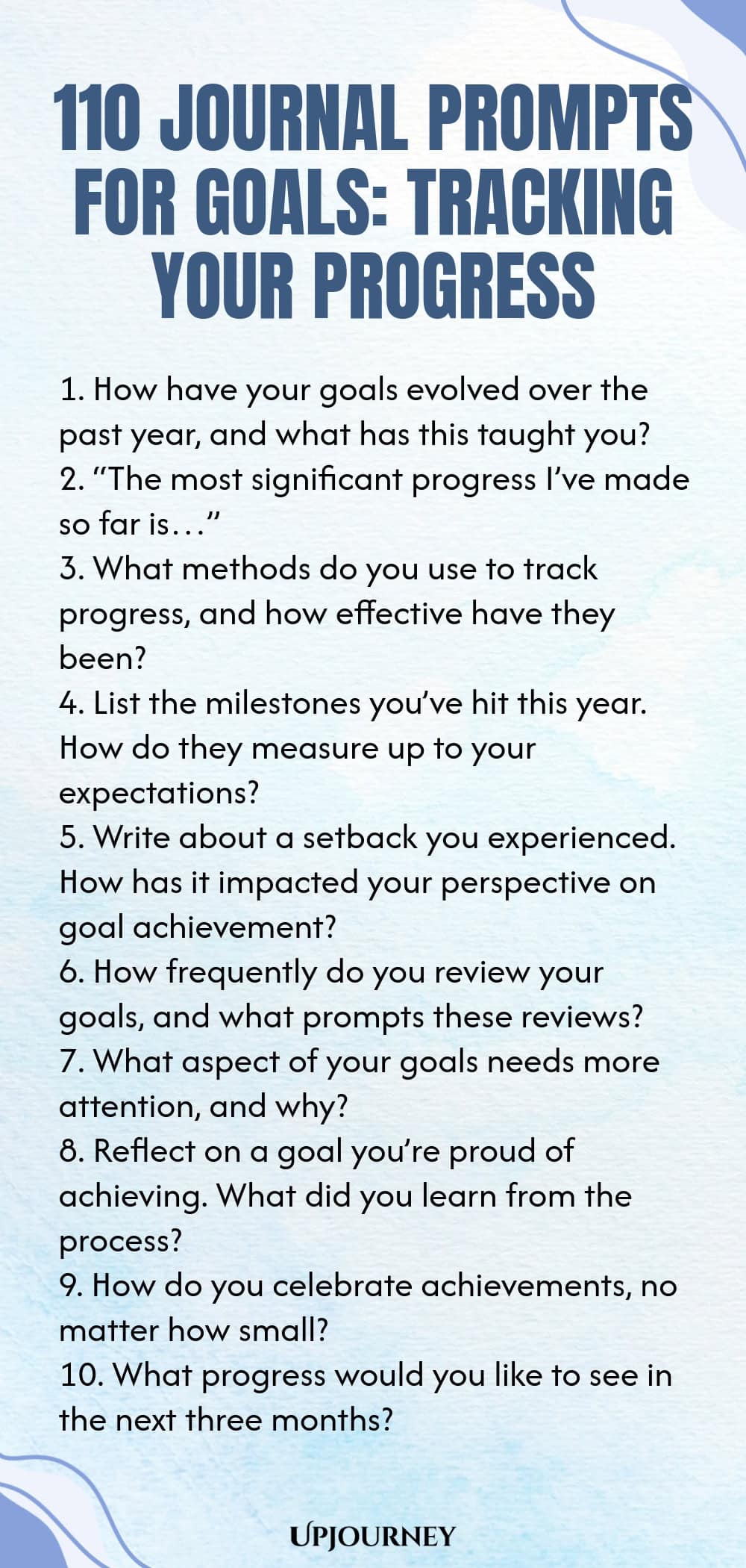 110 Journal Prompts for Goals: Tracking Your Progress 1. How have your goals evolved over the past year, and what has this taught you? 2. “The most significant progress I’ve made so far is…” 3. What methods do you use to track progress, and how effective have they been? 4. List the milestones you’ve hit this year. How do they measure up to your expectations? 5. Write about a setback you experienced. How has it impacted your perspective on goal achievement? 6. How frequently do ...