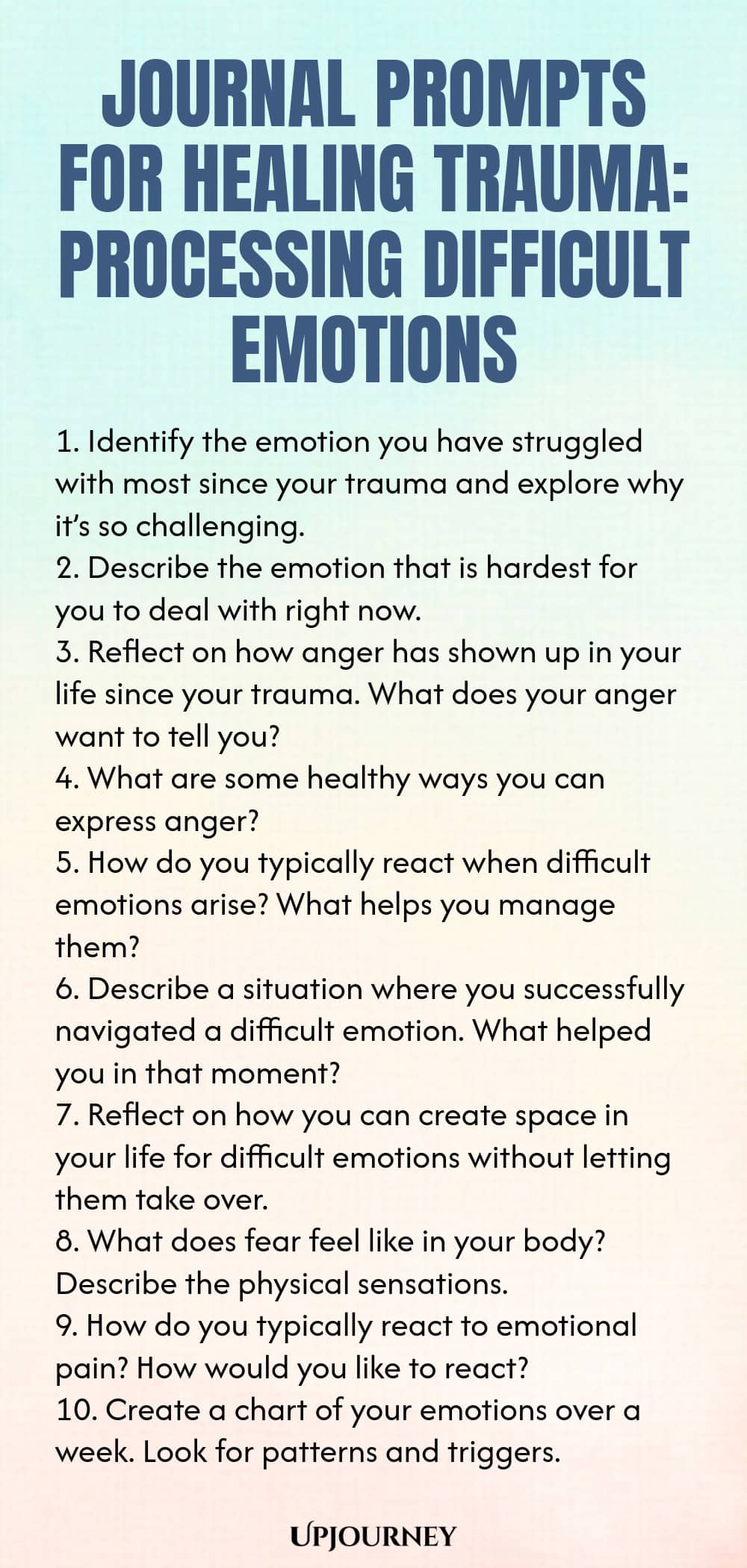 Journal Prompts for Healing Trauma: Processing Difficult Emotions 1. Identify the emotion you have struggled with most since your trauma and explore why it’s so challenging. 2. Describe the emotion that is hardest for you to deal with right now. 3. Reflect on how anger has shown up in your life since your trauma. What does your anger want to tell you? 4. What are some healthy ways you can express anger? 5. How do you typically react when difficult emotions arise? What helps you mana...