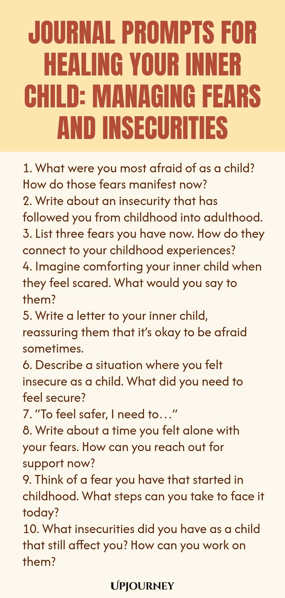 Journal Prompts for Healing Your Inner Child: Managing Fears and Insecurities 1. What were you most afraid of as a child? How do those fears manifest now? 2. Write about an insecurity that has followed you from childhood into adulthood. 3. List three fears you have now. How do they connect to your childhood experiences? 4. Imagine comforting your inner child when they feel scared. What would you say to them? 5. Write a letter to your inner child, reassuring them that it’s okay t...