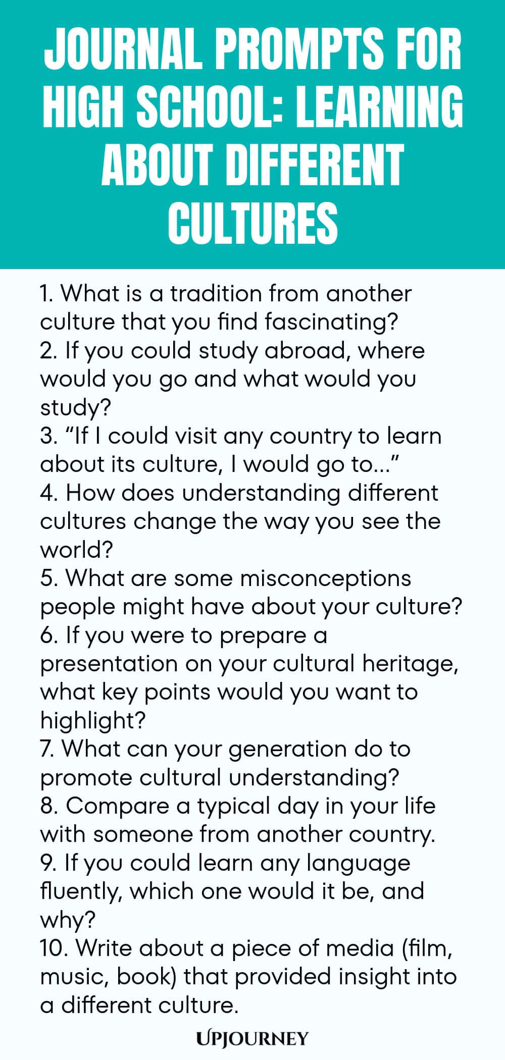 Journal Prompts for High School: Learning About Different Cultures 1. What is a tradition from another culture that you find fascinating? 2. If you could study abroad, where would you go and what would you study? 3. “If I could visit any country to learn about its culture, I would go to…” 4. How does understanding different cultures change the way you see the world? 5. What are some misconceptions people might have about your culture? 6. If you were to prepare a presentation on...