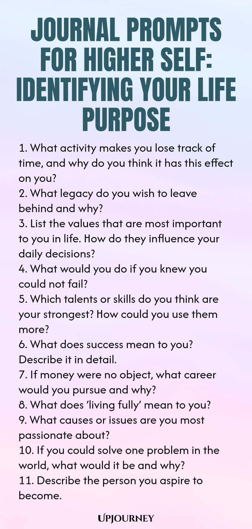 Journal Prompts for Higher Self: Identifying Your Life Purpose 1. What activity makes you lose track of time, and why do you think it has this effect on you? 2. What legacy do you wish to leave behind and why? 3. List the values that are most important to you in life. How do they influence your daily decisions? 4. What would you do if you knew you could not fail? 5. Which talents or skills do you think are your strongest? How could you use them more? 6. What does success mean t...