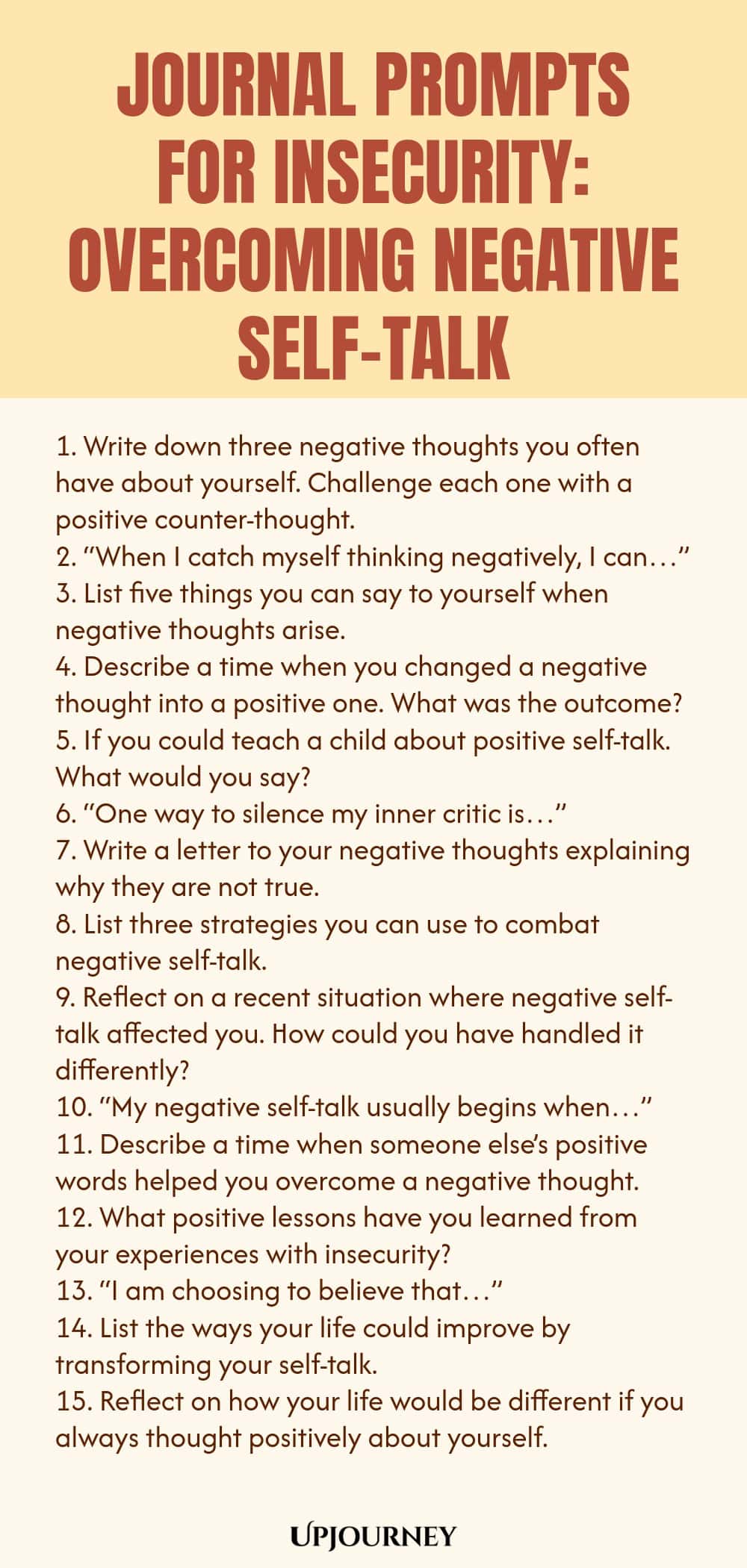Journal Prompts for Insecurity: Overcoming Negative Self-Talk 1. Write down three negative thoughts you often have about yourself. Challenge each one with a positive counter-thought. 2. “When I catch myself thinking negatively, I can…” 3. List five things you can say to yourself when negative thoughts arise. 4. Describe a time when you changed a negative thought into a positive one. What was the outcome? 5. If you could teach a child about positive self-talk. What would you say?...