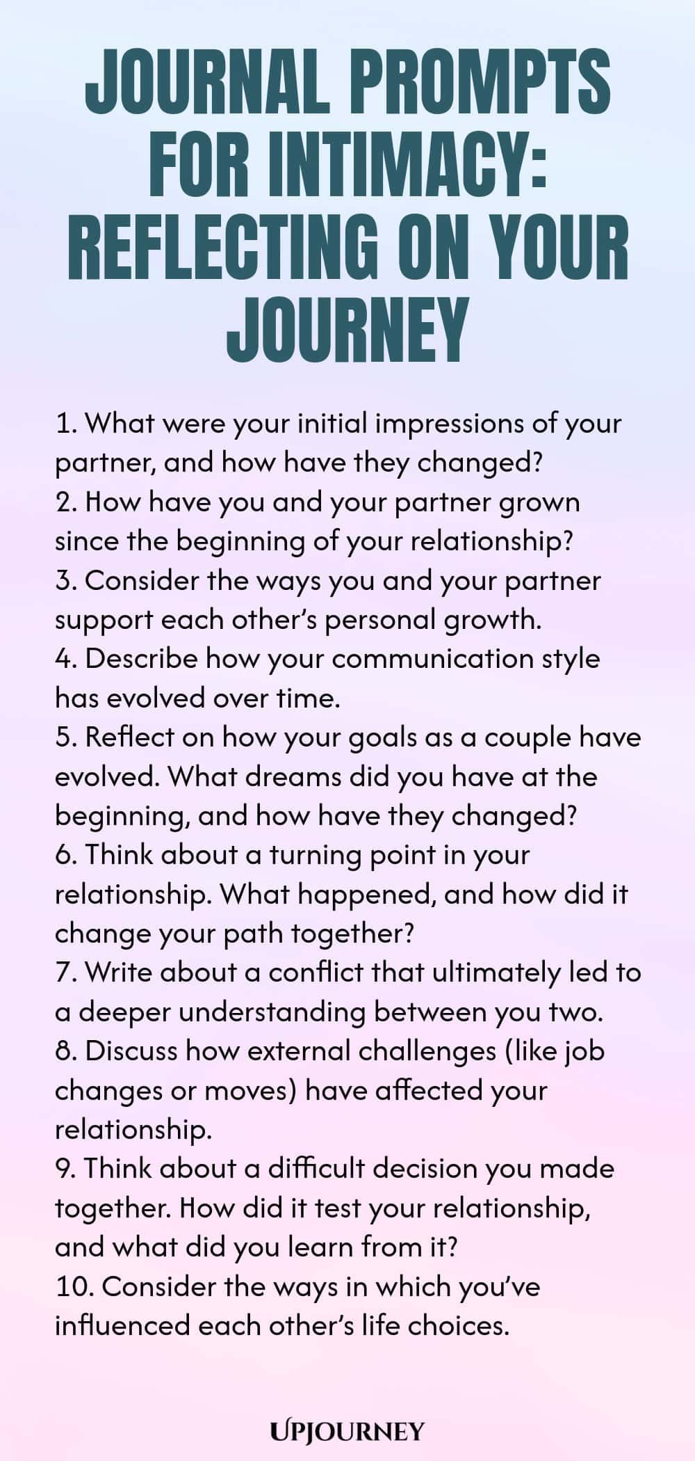 Journal Prompts for Intimacy: Reflecting on Your Journey 1. What were your initial impressions of your partner, and how have they changed? 2. How have you and your partner grown since the beginning of your relationship? 3. Consider the ways you and your partner support each other’s personal growth. 4. Describe how your communication style has evolved over time. 5. Reflect on how your goals as a couple have evolved. What dreams did you have at the beginning, and how have they cha...