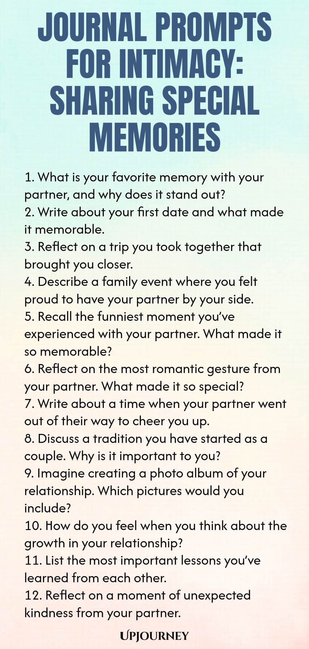 Journal Prompts for Intimacy: Sharing Special Memories 1. What is your favorite memory with your partner, and why does it stand out? 2. Write about your first date and what made it memorable. 3. Reflect on a trip you took together that brought you closer. 4. Describe a family event where you felt proud to have your partner by your side. 5. Recall the funniest moment you’ve experienced with your partner. What made it so memorable? 6. Reflect on the most romantic gesture from you...