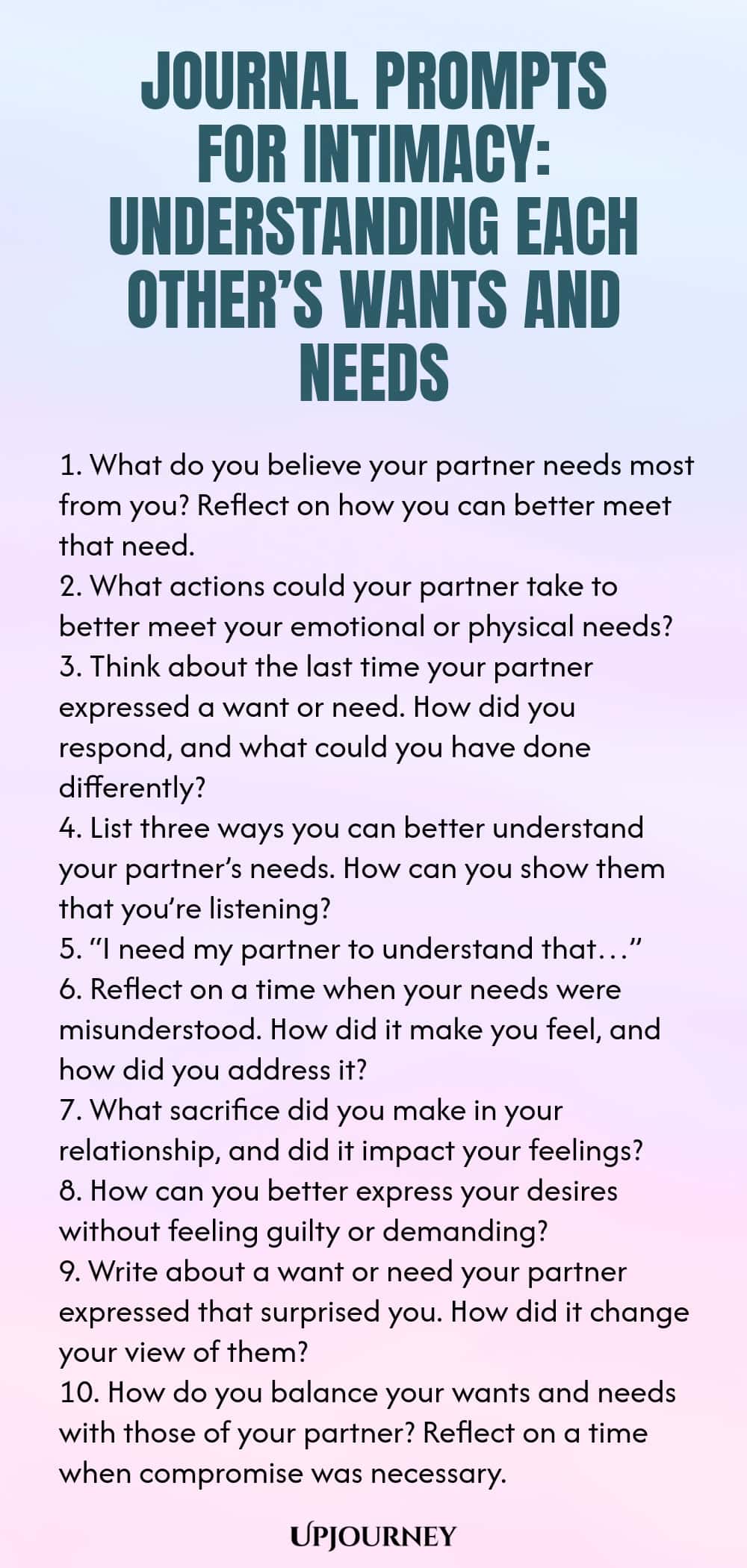 Journal Prompts for Intimacy: Understanding Each Other’s Wants and Needs 1. What do you believe your partner needs most from you? Reflect on how you can better meet that need. 2. What actions could your partner take to better meet your emotional or physical needs? 3. Think about the last time your partner expressed a want or need. How did you respond, and what could you have done differently? 4. List three ways you can better understand your partner’s needs. How can you show them...