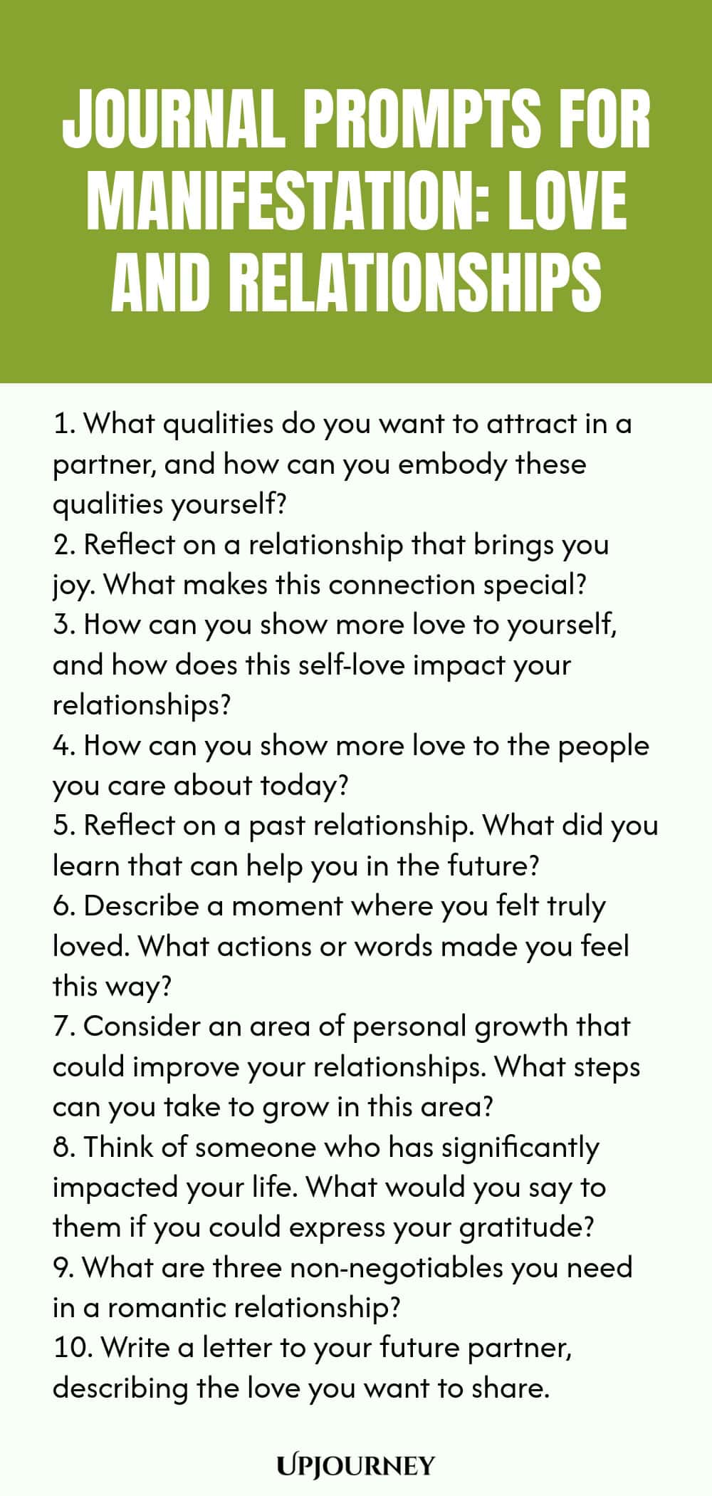 Journal Prompts for Manifestation: Love and Relationships 1. What qualities do you want to attract in a partner, and how can you embody these qualities yourself? 2. Reflect on a relationship that brings you joy. What makes this connection special? 3. How can you show more love to yourself, and how does this self-love impact your relationships? 4. How can you show more love to the people you care about today? 5. Reflect on a past relationship. What did you learn that can help you...