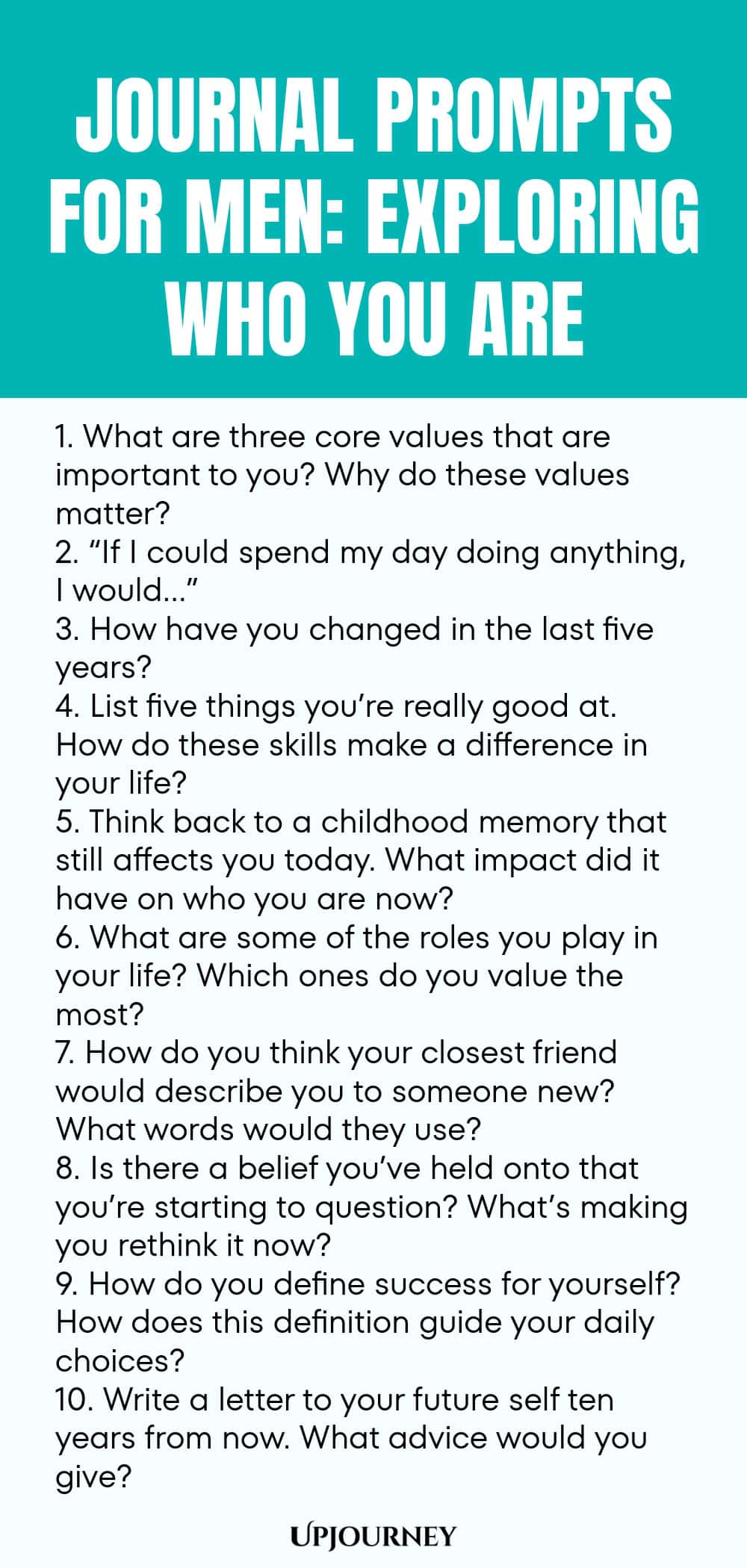 Journal Prompts for Men: Exploring Who You Are 1. What are three core values that are important to you? Why do these values matter? 2. “If I could spend my day doing anything, I would…” 3. How have you changed in the last five years? 4. List five things you’re really good at. How do these skills make a difference in your life? 5. Think back to a childhood memory that still affects you today. What impact did it have on who you are now? 6. What are some of the roles you play in y...