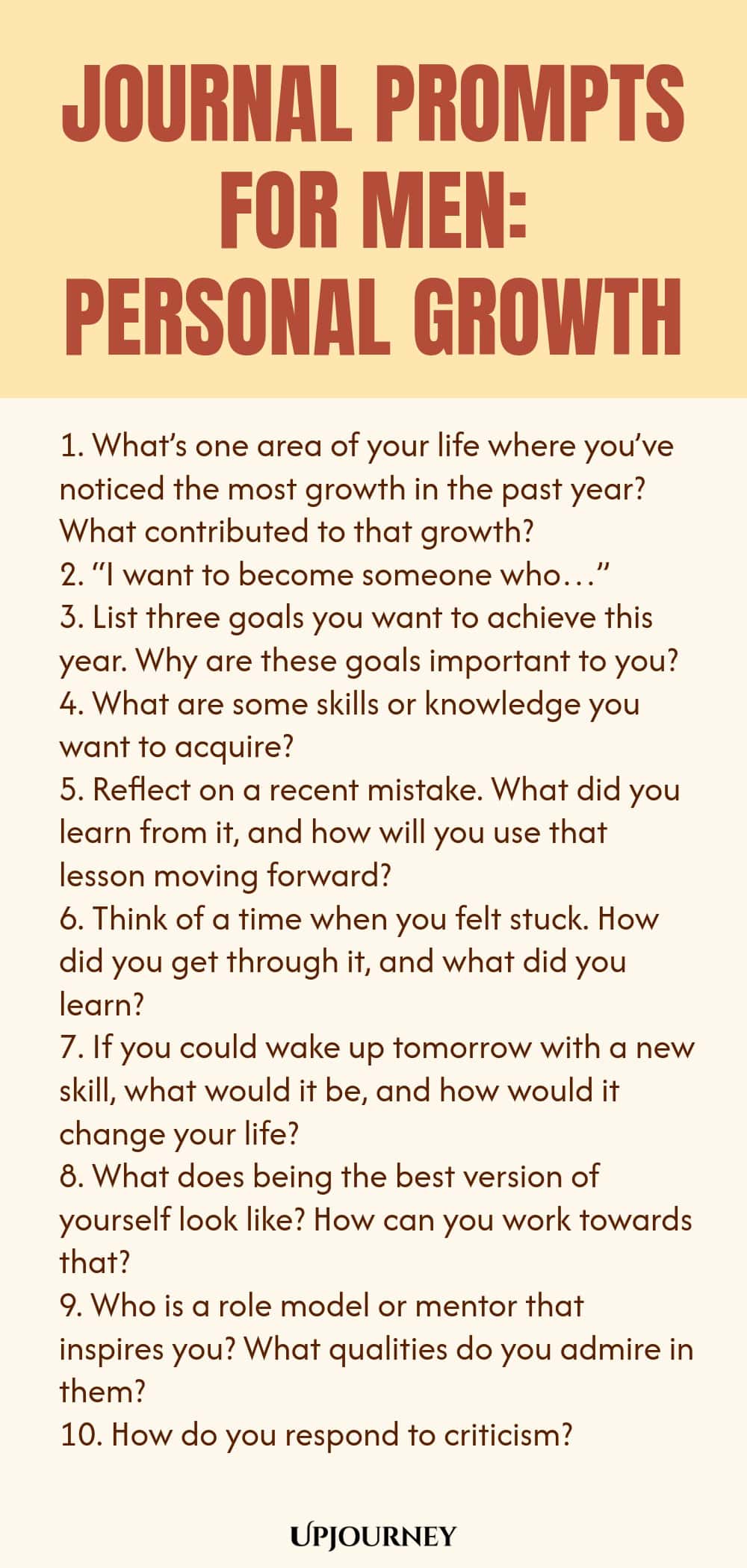 Journal Prompts for Men: Personal Growth 1. What’s one area of your life where you’ve noticed the most growth in the past year? What contributed to that growth? 2. “I want to become someone who…” 3. List three goals you want to achieve this year. Why are these goals important to you? 4. What are some skills or knowledge you want to acquire? 5. Reflect on a recent mistake. What did you learn from it, and how will you use that lesson moving forward? 6. Think of a time when you fe...