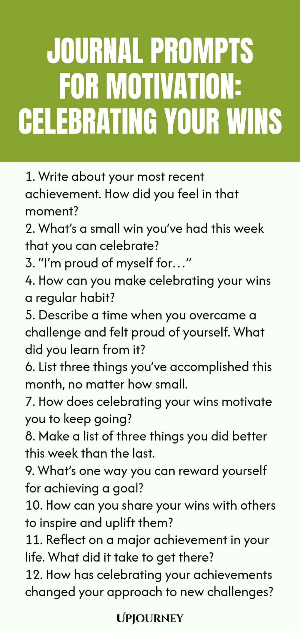 Journal Prompts for Motivation: Celebrating Your Wins 1. Write about your most recent achievement. How did you feel in that moment? 2. What’s a small win you’ve had this week that you can celebrate? 3. “I’m proud of myself for…” 4. How can you make celebrating your wins a regular habit? 5. Describe a time when you overcame a challenge and felt proud of yourself. What did you learn from it? 6. List three things you’ve accomplished this month, no matter how small. 7. How does celebrat...