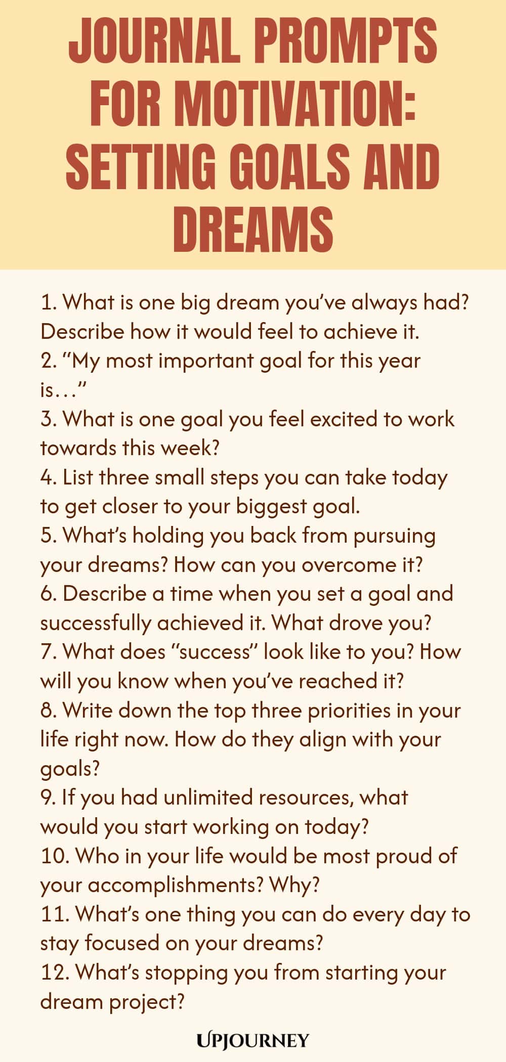 Journal Prompts for Motivation: Setting Goals and Dreams 1. What is one big dream you’ve always had? Describe how it would feel to achieve it. 2. “My most important goal for this year is…” 3. What is one goal you feel excited to work towards this week? 4. List three small steps you can take today to get closer to your biggest goal. 5. What’s holding you back from pursuing your dreams? How can you overcome it? 6. Describe a time when you set a goal and successfully achieved it. ...