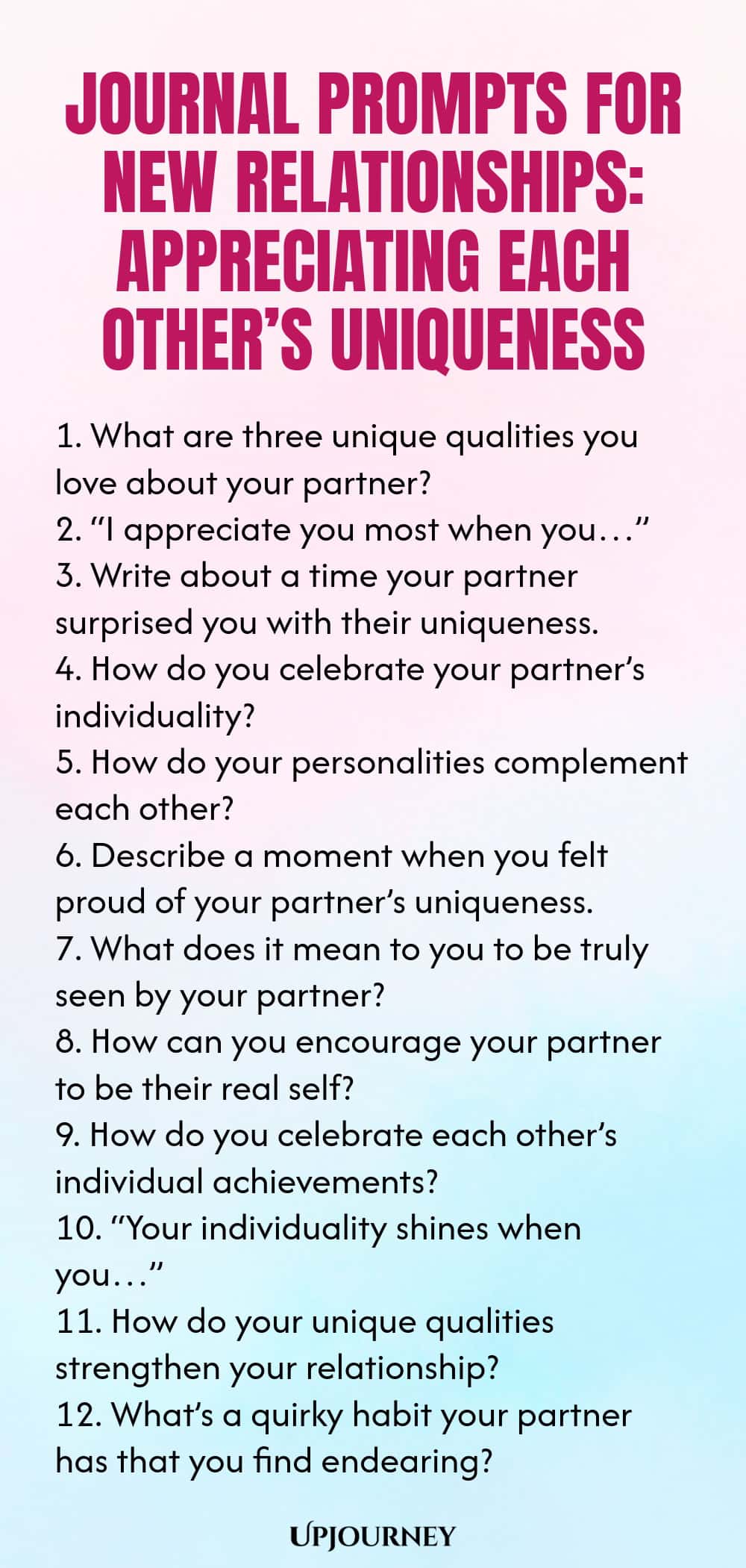 Journal Prompts for New Relationships: Appreciating Each Other’s Uniqueness 1. What are three unique qualities you love about your partner? 2. “I appreciate you most when you…” 3. Write about a time your partner surprised you with their uniqueness. 4. How do you celebrate your partner’s individuality? 5. How do your personalities complement each other? 6. Describe a moment when you felt proud of your partner’s uniqueness. 7. What does it mean to you to be truly seen by your pa...