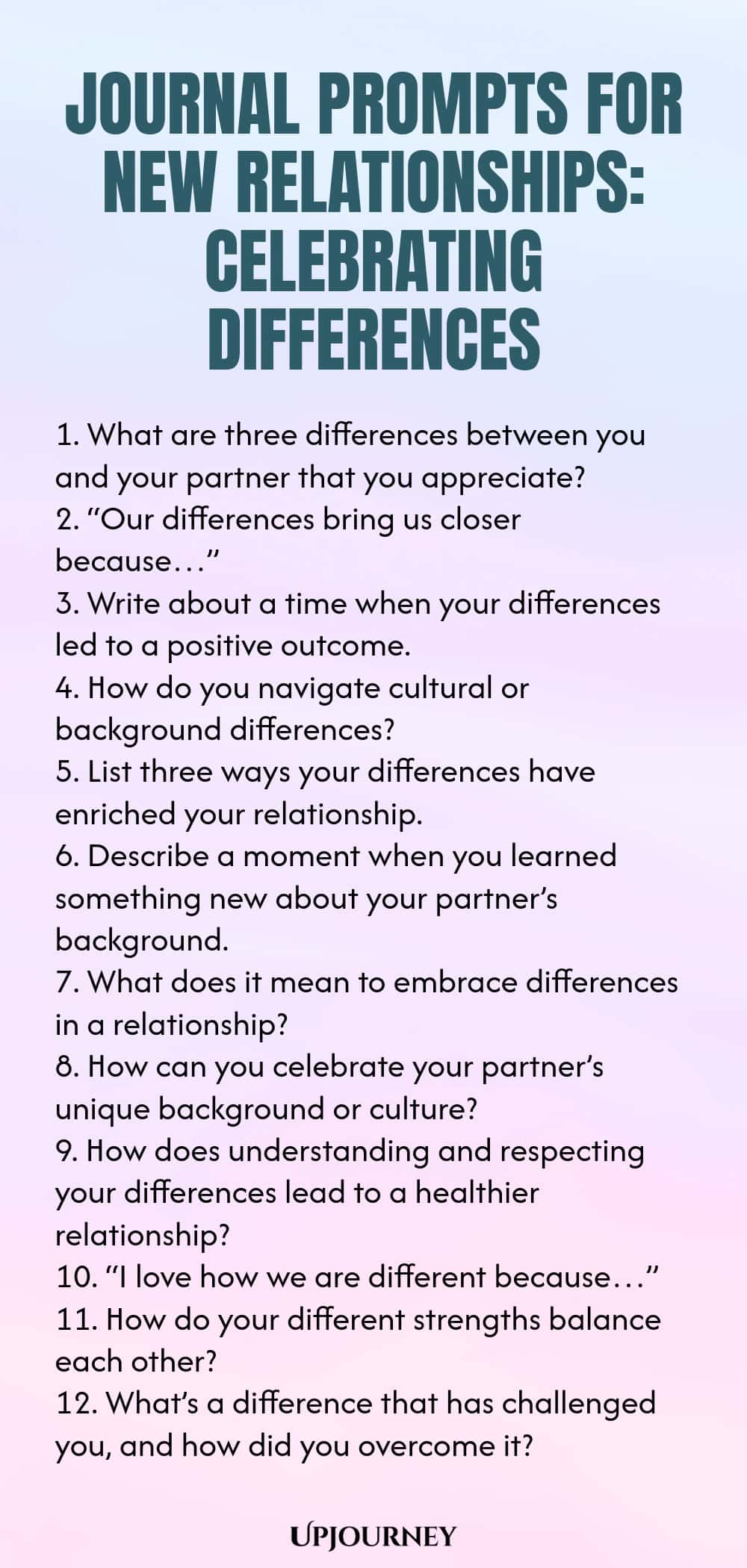 Journal Prompts for New Relationships: Celebrating Differences 1. What are three differences between you and your partner that you appreciate? 2. “Our differences bring us closer because…” 3. Write about a time when your differences led to a positive outcome. 4. How do you navigate cultural or background differences? 5. List three ways your differences have enriched your relationship. 6. Describe a moment when you learned something new about your partner’s background. 7. What ...