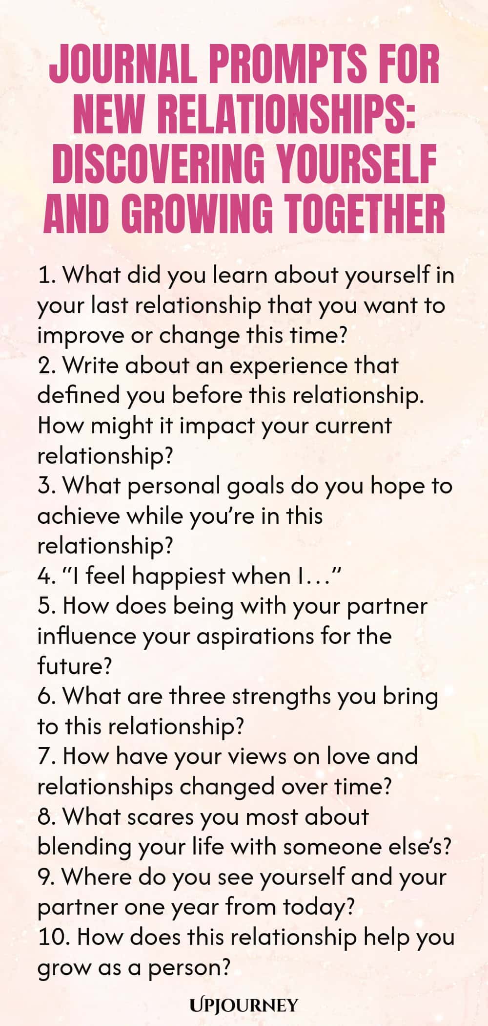 Journal Prompts for New Relationships: Discovering Yourself and Growing Together 1. What did you learn about yourself in your last relationship that you want to improve or change this time? 2. Write about an experience that defined you before this relationship. How might it impact your current relationship? 3. What personal goals do you hope to achieve while you’re in this relationship? 4. “I feel happiest when I…” 5. How does being with your partner influence your aspirations f...