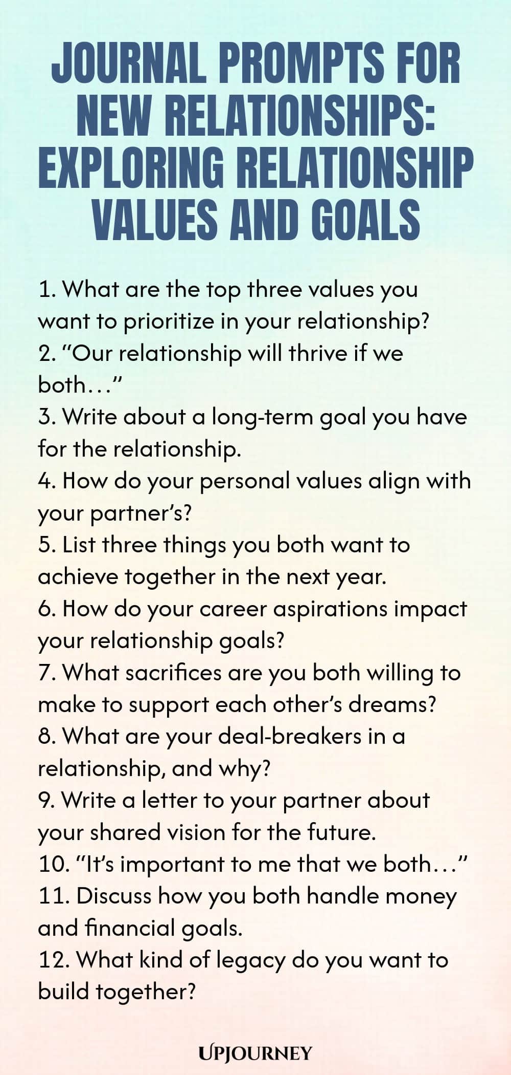 Journal Prompts for New Relationships: Exploring Relationship Values and Goals 1. What are the top three values you want to prioritize in your relationship? 2. “Our relationship will thrive if we both…” 3. Write about a long-term goal you have for the relationship. 4. How do your personal values align with your partner’s? 5. List three things you both want to achieve together in the next year. 6. How do your career aspirations impact your relationship goals? 7. What sacrifices...