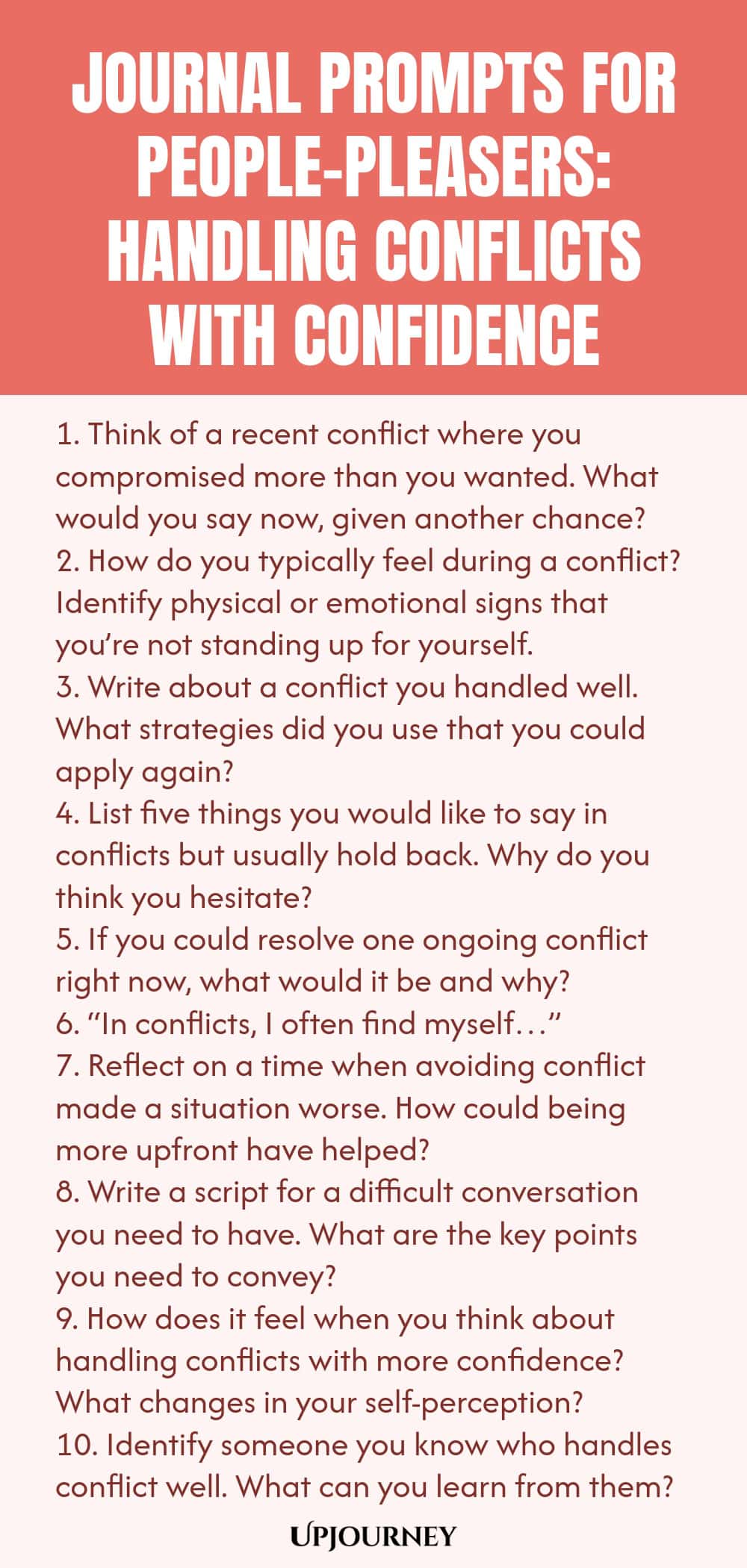 Journal Prompts for People-Pleasers: Handling Conflicts with Confidence 1. Think of a recent conflict where you compromised more than you wanted. What would you say now, given another chance? 2. How do you typically feel during a conflict? Identify physical or emotional signs that you’re not standing up for yourself. 3. Write about a conflict you handled well. What strategies did you use that you could apply again? 4. List five things you would like to say in conflicts but usuall...