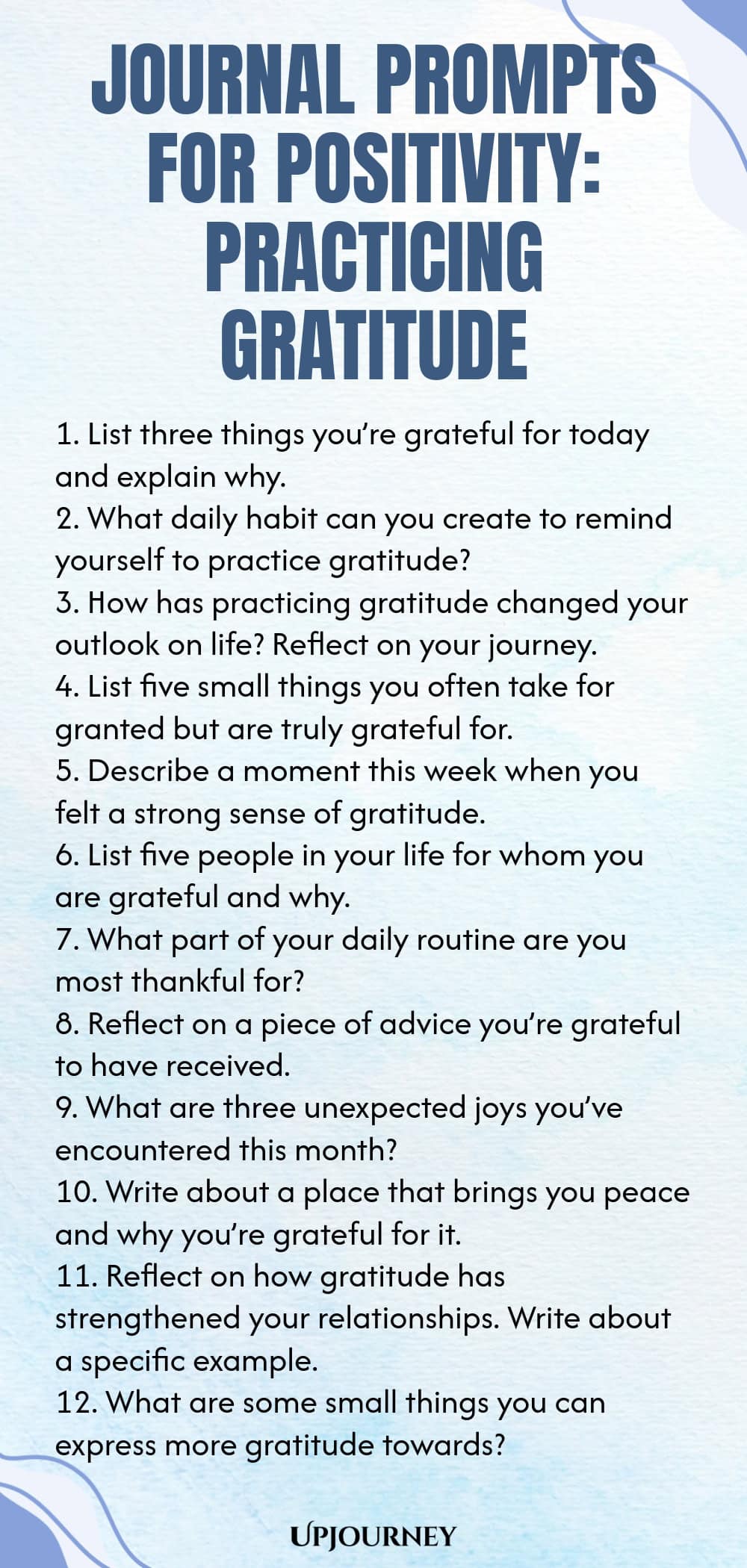 Journal Prompts for Positivity: Practicing Gratitude 1. List three things you’re grateful for today and explain why. 2. What daily habit can you create to remind yourself to practice gratitude? 3. How has practicing gratitude changed your outlook on life? Reflect on your journey. 4. List five small things you often take for granted but are truly grateful for. 5. Describe a moment this week when you felt a strong sense of gratitude. 6. List five people in your life for whom you ...