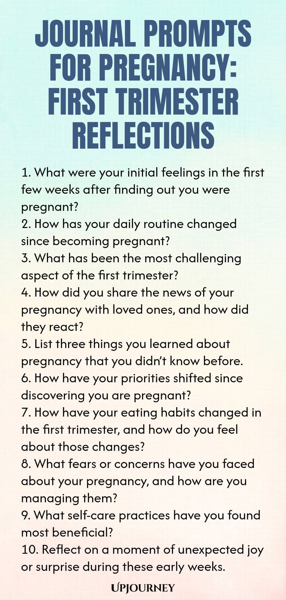 Journal Prompts for Pregnancy: First Trimester Reflections 1. What were your initial feelings in the first few weeks after finding out you were pregnant? 2. How has your daily routine changed since becoming pregnant? 3. What has been the most challenging aspect of the first trimester? 4. How did you share the news of your pregnancy with loved ones, and how did they react? 5. List three things you learned about pregnancy that you didn’t know before. 6. How have your priorities s...
