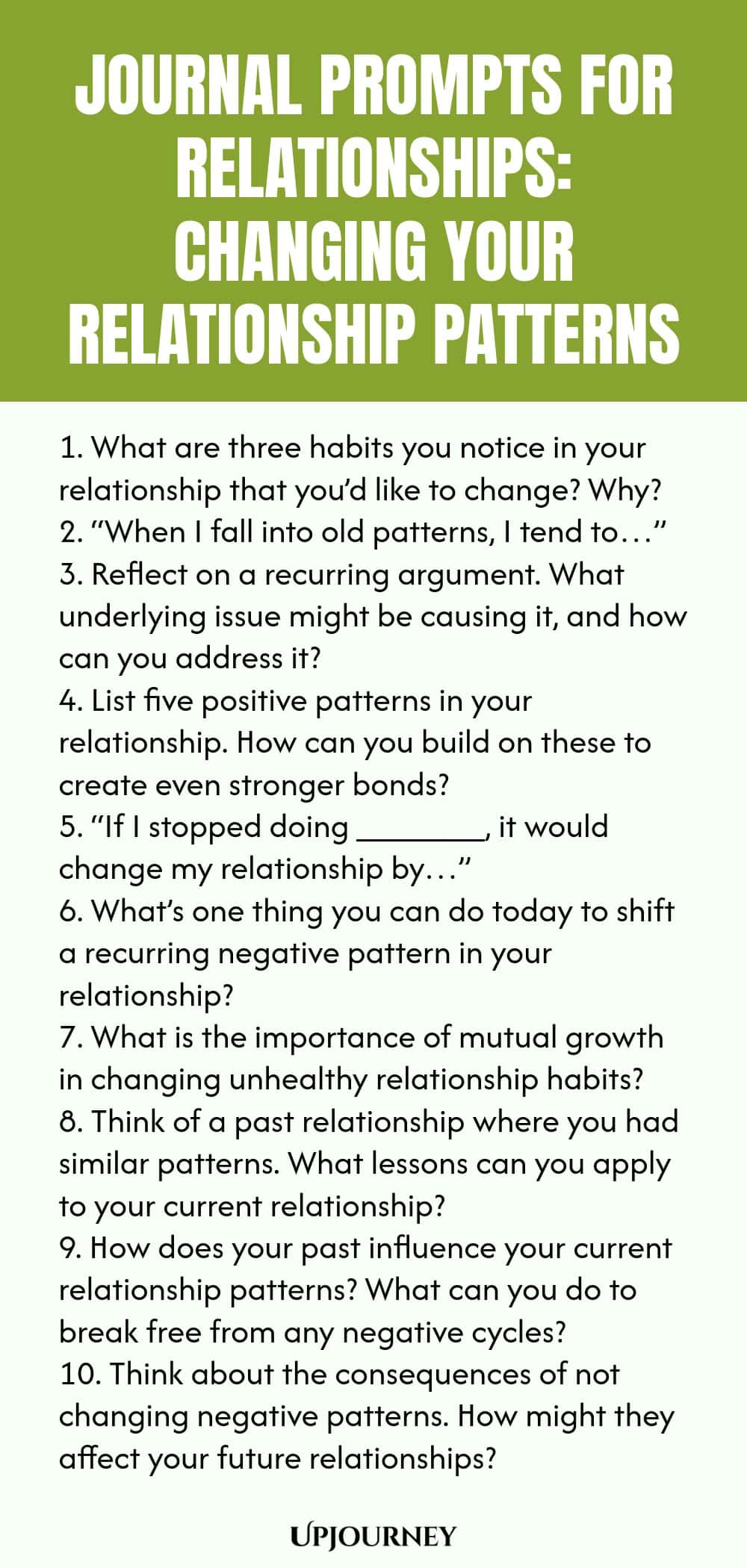 Journal Prompts for Relationships: Changing Your Relationship Patterns 1. What are three habits you notice in your relationship that you’d like to change? Why? 2. “When I fall into old patterns, I tend to…” 3. Reflect on a recurring argument. What underlying issue might be causing it, and how can you address it? 4. List five positive patterns in your relationship. How can you build on these to create even stronger bonds? 5. “If I stopped doing _______, it would change my relatio...