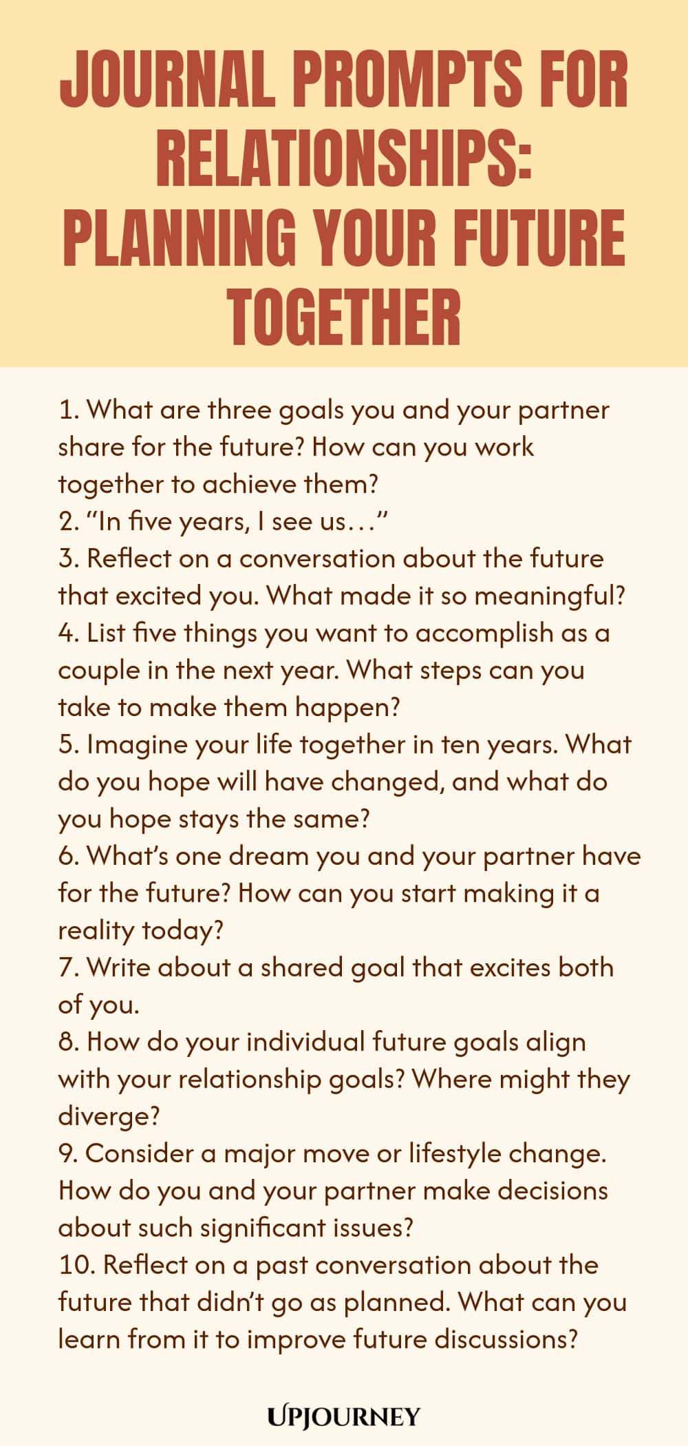 Journal Prompts for Relationships: Planning Your Future Together 1. What are three goals you and your partner share for the future? How can you work together to achieve them? 2. “In five years, I see us…” 3. Reflect on a conversation about the future that excited you. What made it so meaningful? 4. List five things you want to accomplish as a couple in the next year. What steps can you take to make them happen? 5. Imagine your life together in ten years. What do you hope will have c...