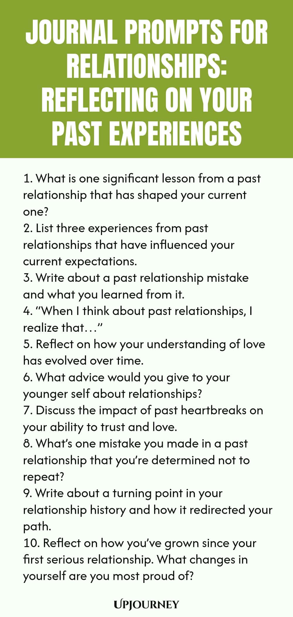 Journal Prompts for Relationships: Reflecting on Your Past Experiences 1. What is one significant lesson from a past relationship that has shaped your current one? 2. List three experiences from past relationships that have influenced your current expectations. 3. Write about a past relationship mistake and what you learned from it. 4. “When I think about past relationships, I realize that…” 5. Reflect on how your understanding of love has evolved over time. 6. What advice woul...