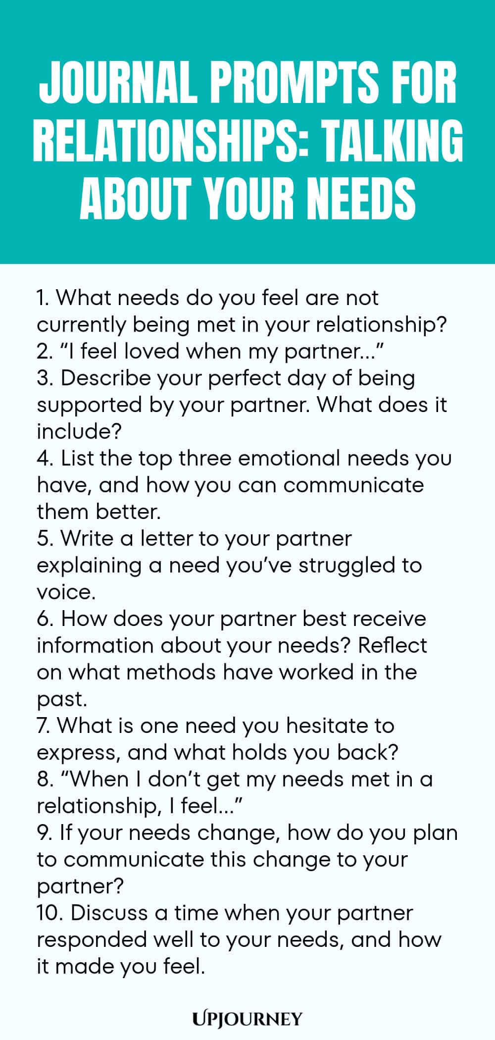 Journal Prompts for Relationships: Talking About Your Needs 1. What needs do you feel are not currently being met in your relationship? 2. “I feel loved when my partner…” 3. Describe your perfect day of being supported by your partner. What does it include? 4. List the top three emotional needs you have, and how you can communicate them better. 5. Write a letter to your partner explaining a need you’ve struggled to voice. 6. How does your partner best receive information about ...
