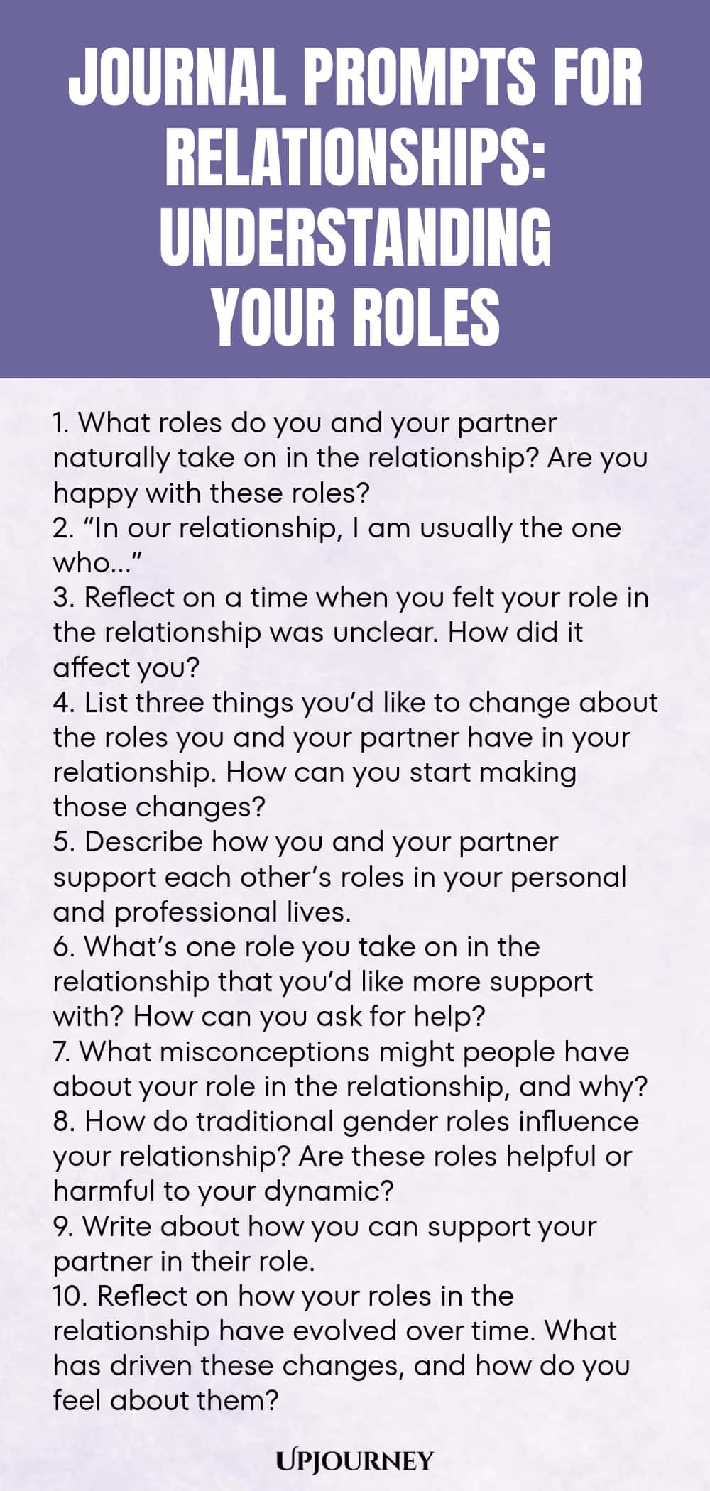 Journal Prompts for Relationships: Understanding Your Roles 1. What roles do you and your partner naturally take on in the relationship? Are you happy with these roles? 2. “In our relationship, I am usually the one who…” 3. Reflect on a time when you felt your role in the relationship was unclear. How did it affect you? 4. List three things you’d like to change about the roles you and your partner have in your relationship. How can you start making those changes? 5. Describe how...