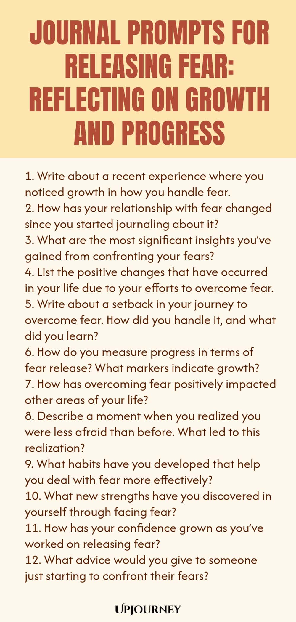 Journal Prompts for Releasing Fear: Reflecting on Growth and Progress 1. Write about a recent experience where you noticed growth in how you handle fear. 2. How has your relationship with fear changed since you started journaling about it? 3. What are the most significant insights you’ve gained from confronting your fears? 4. List the positive changes that have occurred in your life due to your efforts to overcome fear. 5. Write about a setback in your journey to overcome fear. How ...