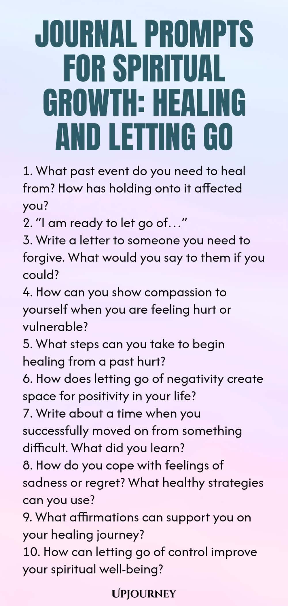 Journal Prompts for Spiritual Growth: Healing and Letting Go 1. What past event do you need to heal from? How has holding onto it affected you? 2. “I am ready to let go of…” 3. Write a letter to someone you need to forgive. What would you say to them if you could? 4. How can you show compassion to yourself when you are feeling hurt or vulnerable? 5. What steps can you take to begin healing from a past hurt? 6. How does letting go of negativity create space for positivity in you...