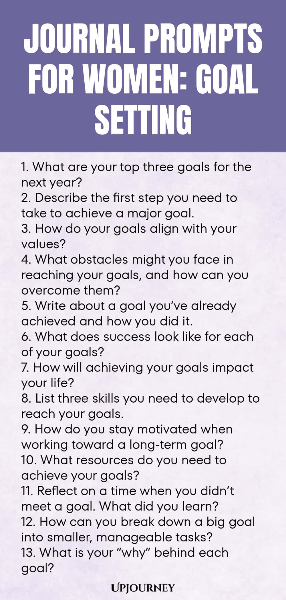 Journal Prompts for Women: Goal Setting 1. What are your top three goals for the next year? 2. Describe the first step you need to take to achieve a major goal. 3. How do your goals align with your values? 4. What obstacles might you face in reaching your goals, and how can you overcome them? 5. Write about a goal you’ve already achieved and how you did it. 6. What does success look like for each of your goals? 7. How will achieving your goals impact your life? 8. List three ...