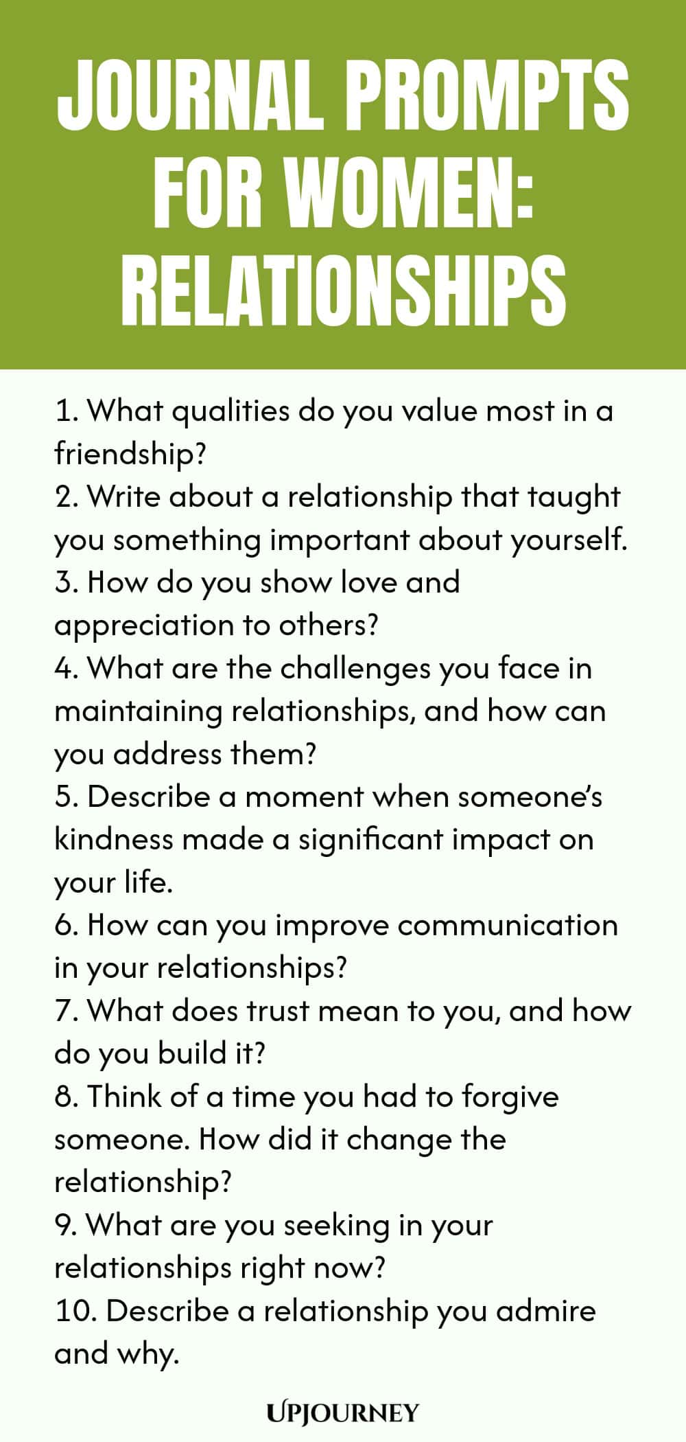 Journal Prompts for Women: Relationships 1. What qualities do you value most in a friendship? 2. Write about a relationship that taught you something important about yourself. 3. How do you show love and appreciation to others? 4. What are the challenges you face in maintaining relationships, and how can you address them? 5. Describe a moment when someone’s kindness made a significant impact on your life. 6. How can you improve communication in your relationships? 7. What does...