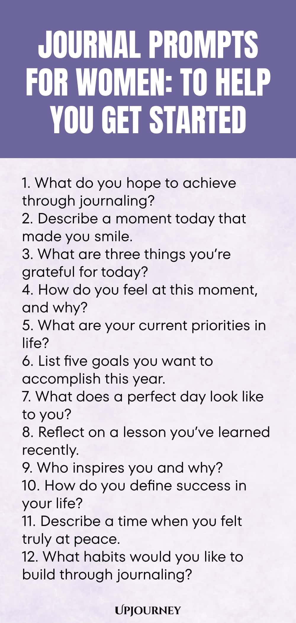 Journal Prompts for Women: To Help You Get Started 1. What do you hope to achieve through journaling? 2. Describe a moment today that made you smile. 3. What are three things you’re grateful for today? 4. How do you feel at this moment, and why? 5. What are your current priorities in life? 6. List five goals you want to accomplish this year. 7. What does a perfect day look like to you? 8. Reflect on a lesson you’ve learned recently. 9. Who inspires you and why? 10. How do y...
