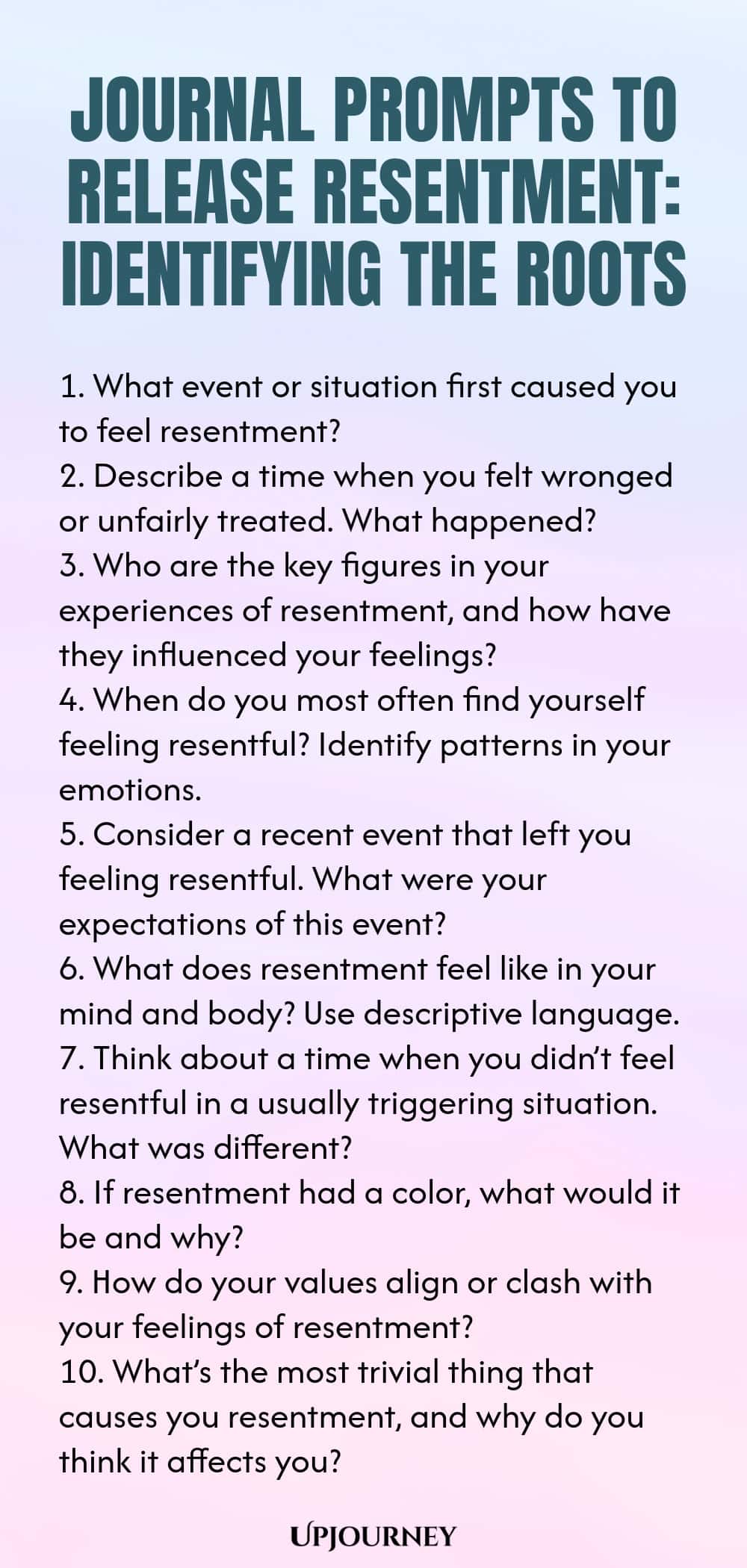Journal Prompts to Release Resentment: Identifying the Roots 1. What event or situation first caused you to feel resentment? 2. Describe a time when you felt wronged or unfairly treated. What happened? 3. Who are the key figures in your experiences of resentment, and how have they influenced your feelings? 4. When do you most often find yourself feeling resentful? Identify patterns in your emotions. 5. Consider a recent event that left you feeling resentful. What were your expec...
