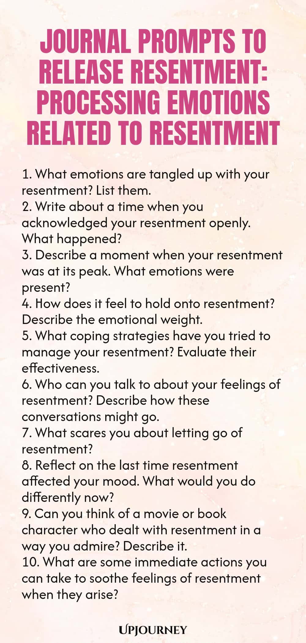 Journal Prompts to Release Resentment: Processing Emotions Related to Resentment 1. What emotions are tangled up with your resentment? List them. 2. Write about a time when you acknowledged your resentment openly. What happened? 3. Describe a moment when your resentment was at its peak. What emotions were present? 4. How does it feel to hold onto resentment? Describe the emotional weight. 5. What coping strategies have you tried to manage your resentment? Evaluate their effectiv...