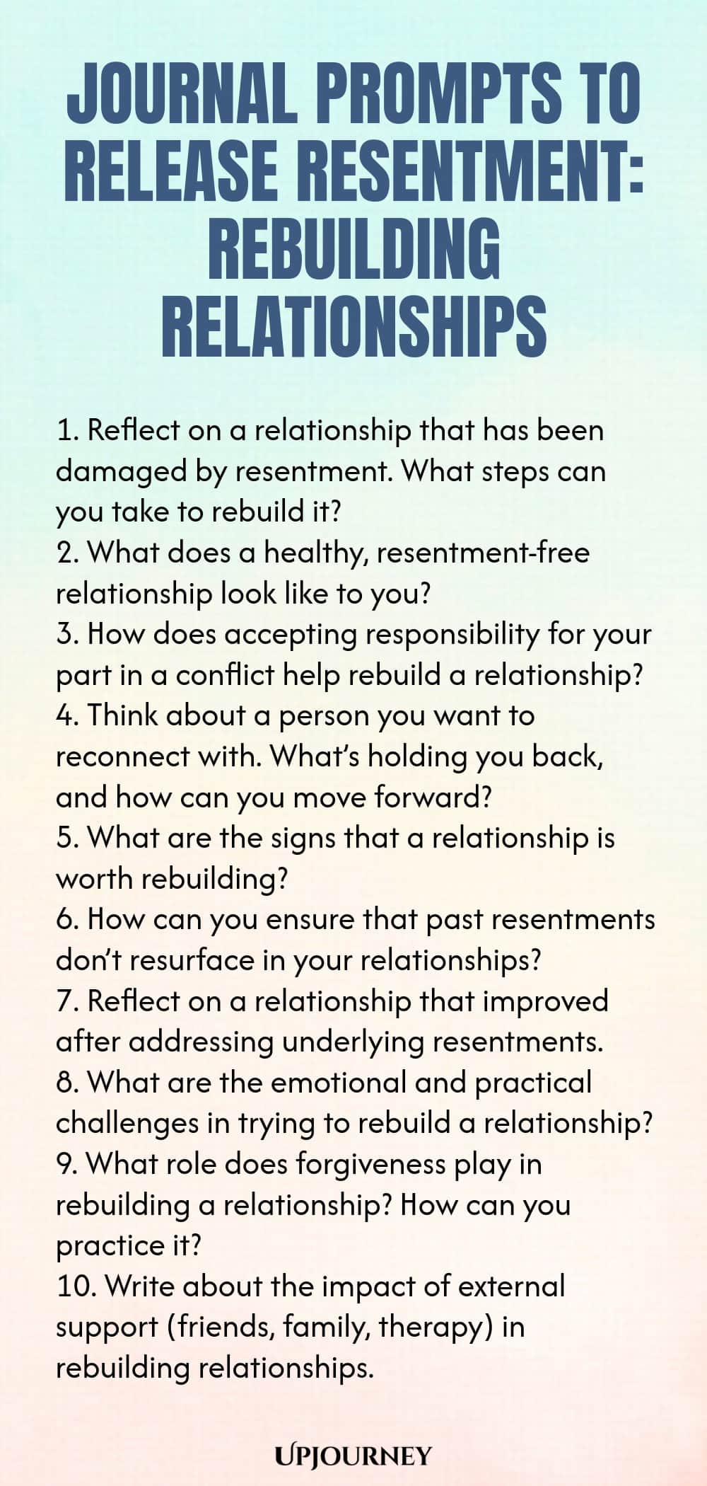 Journal Prompts to Release Resentment: Rebuilding Relationships 1. Reflect on a relationship that has been damaged by resentment. What steps can you take to rebuild it? 2. What does a healthy, resentment-free relationship look like to you? 3. How does accepting responsibility for your part in a conflict help rebuild a relationship? 4. Think about a person you want to reconnect with. What’s holding you back, and how can you move forward? 5. What are the signs that a relationship ...