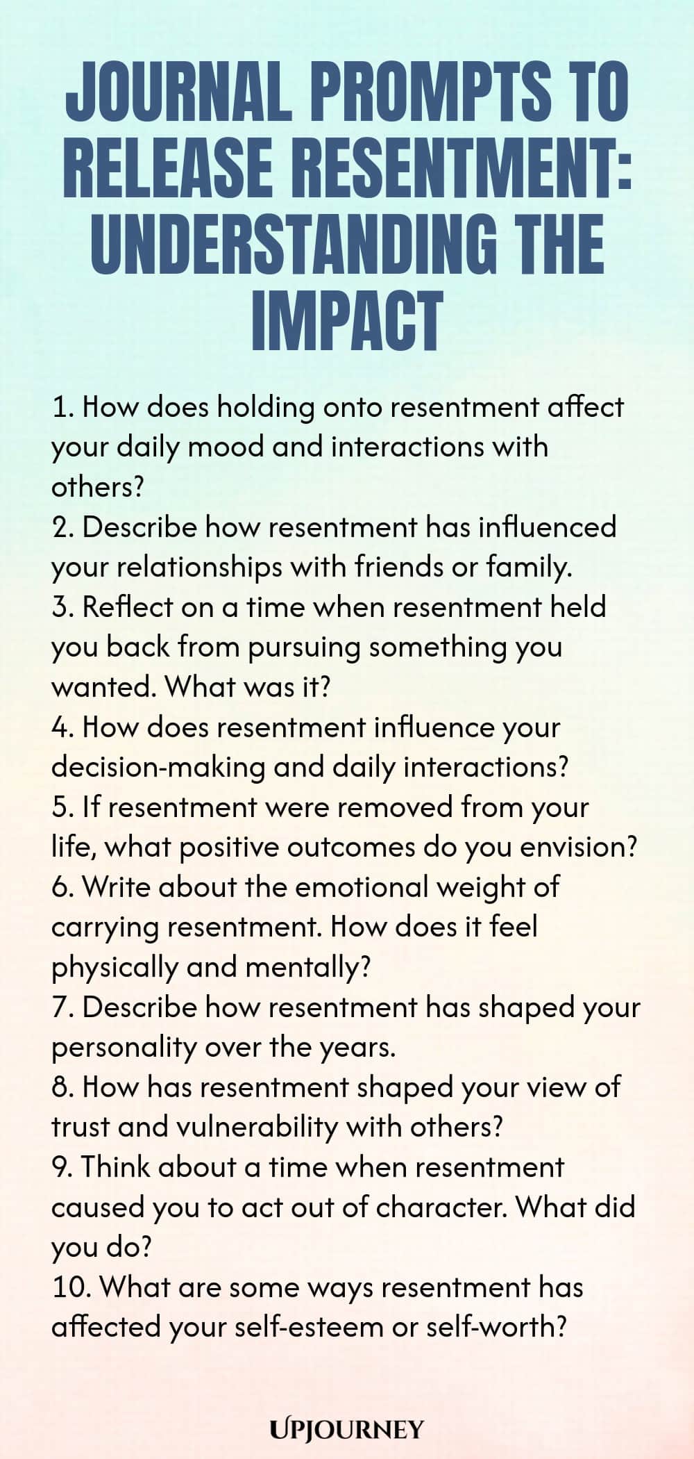 Journal Prompts to Release Resentment: Understanding the Impact 1. How does holding onto resentment affect your daily mood and interactions with others? 2. Describe how resentment has influenced your relationships with friends or family. 3. Reflect on a time when resentment held you back from pursuing something you wanted. What was it? 4. How does resentment influence your decision-making and daily interactions? 5. If resentment were removed from your life, what positive outcome...
